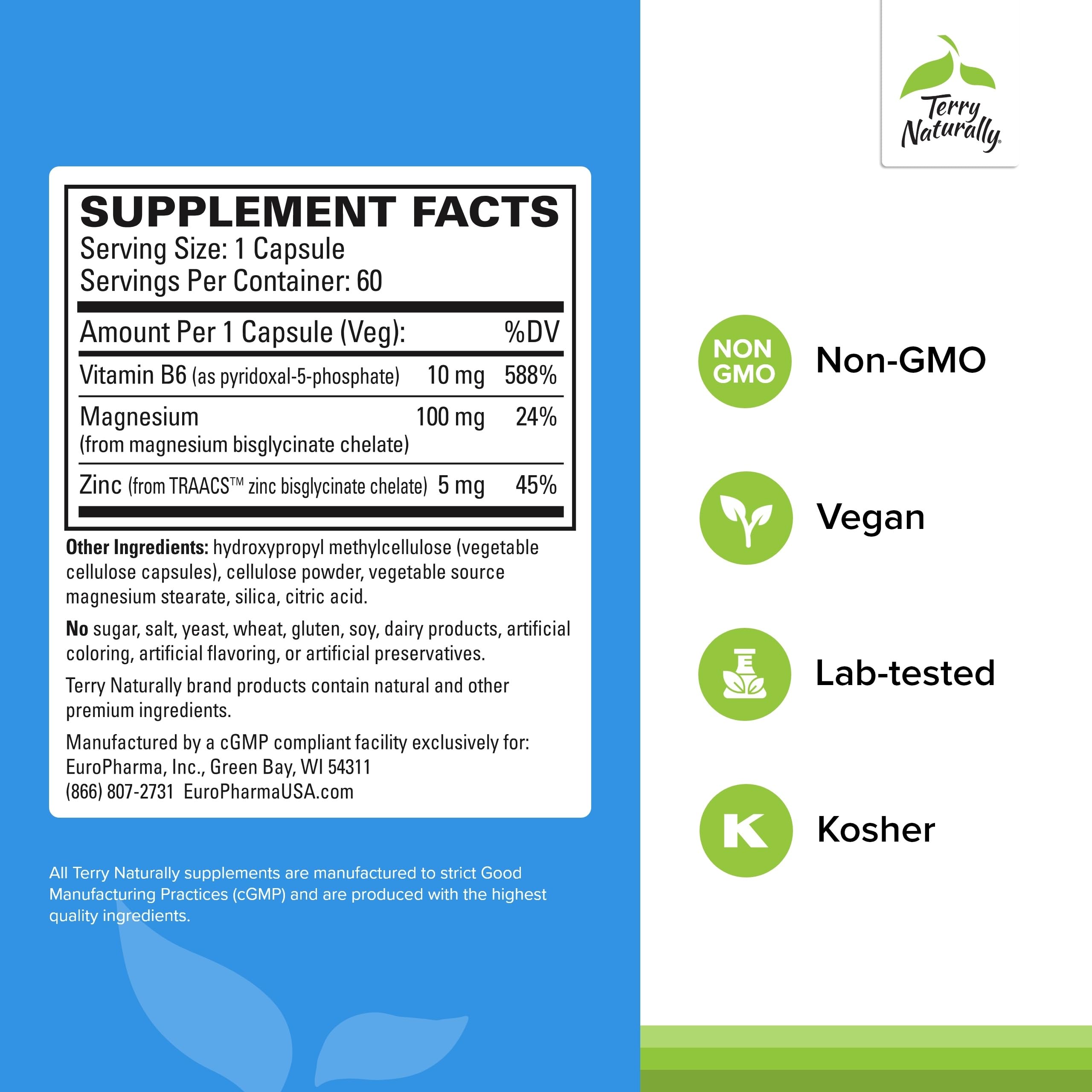 Terry Naturally Magnesium Supplement 100mg back view with ingredients