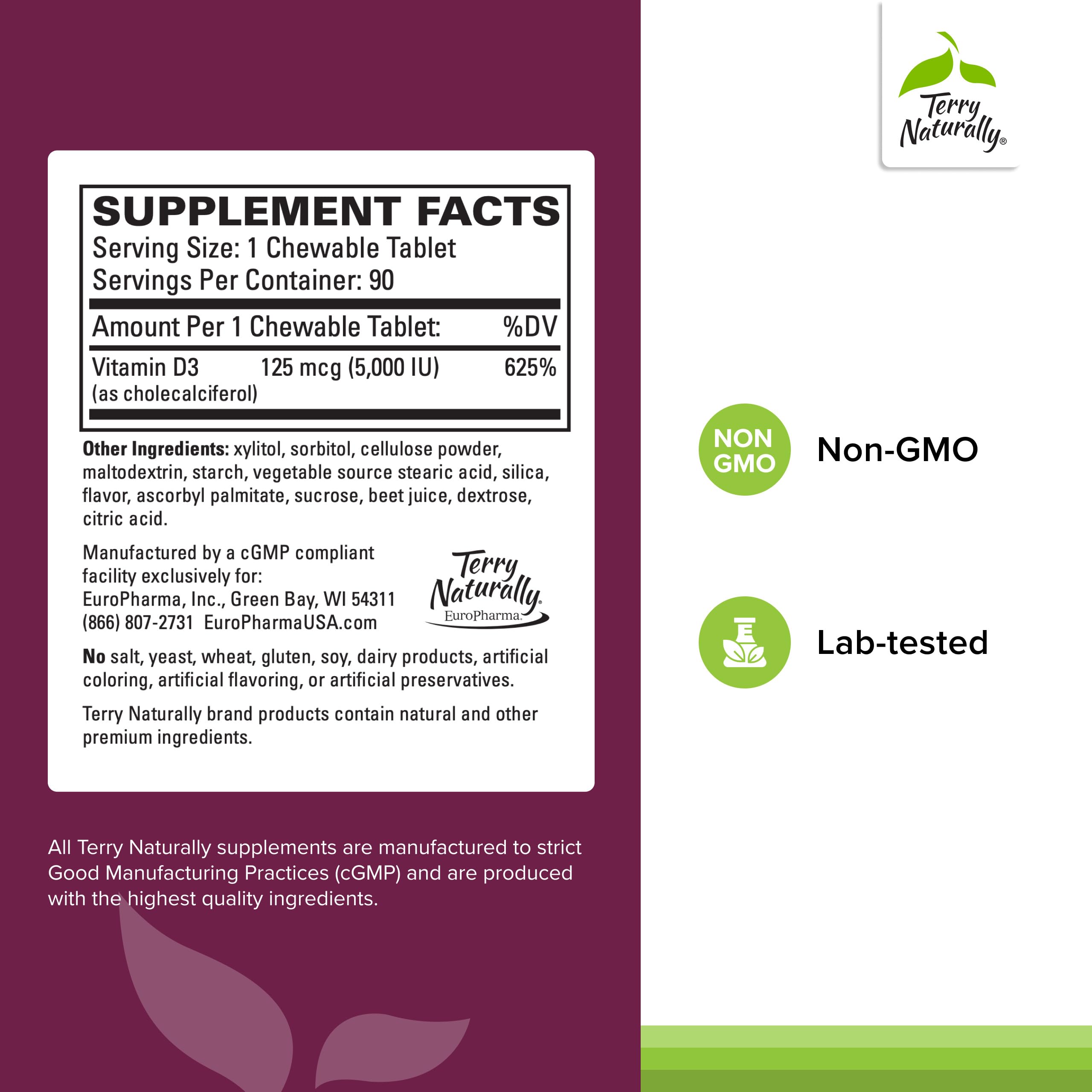 Terry Naturally Vitamin D3 5000 IU chewable tablets side view