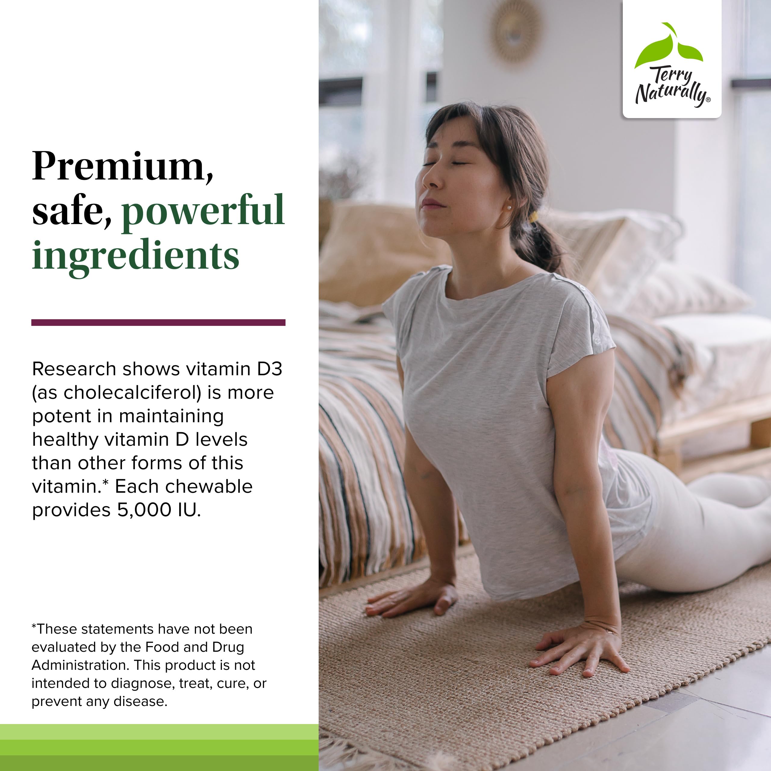 Terry Naturally Vitamin D3 5000 IU chewable tablets with a measuring spoon