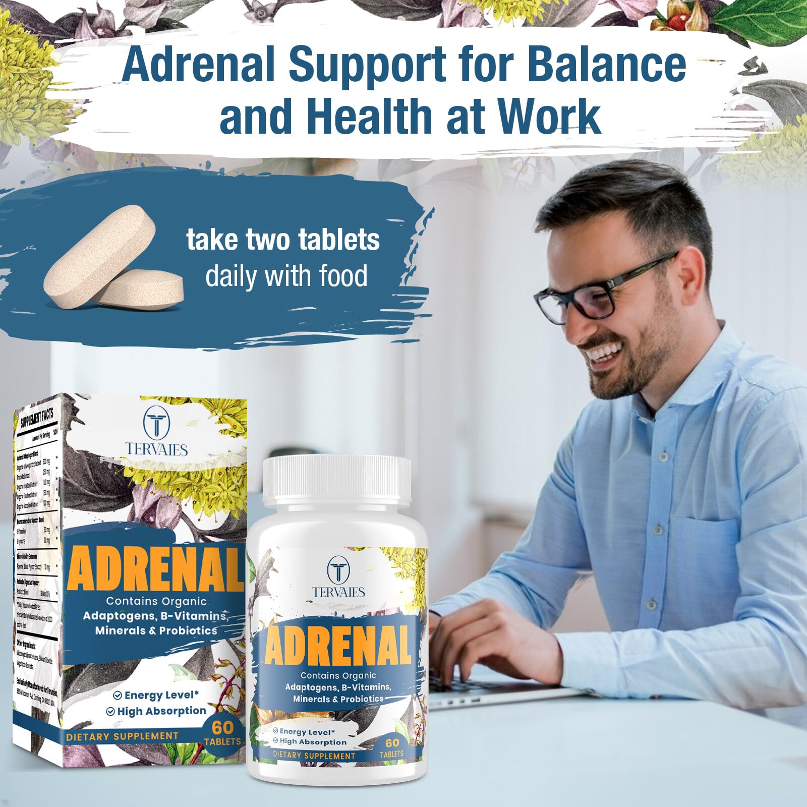 Tervaies Adrenal Extracts Supplement displayed with other health products