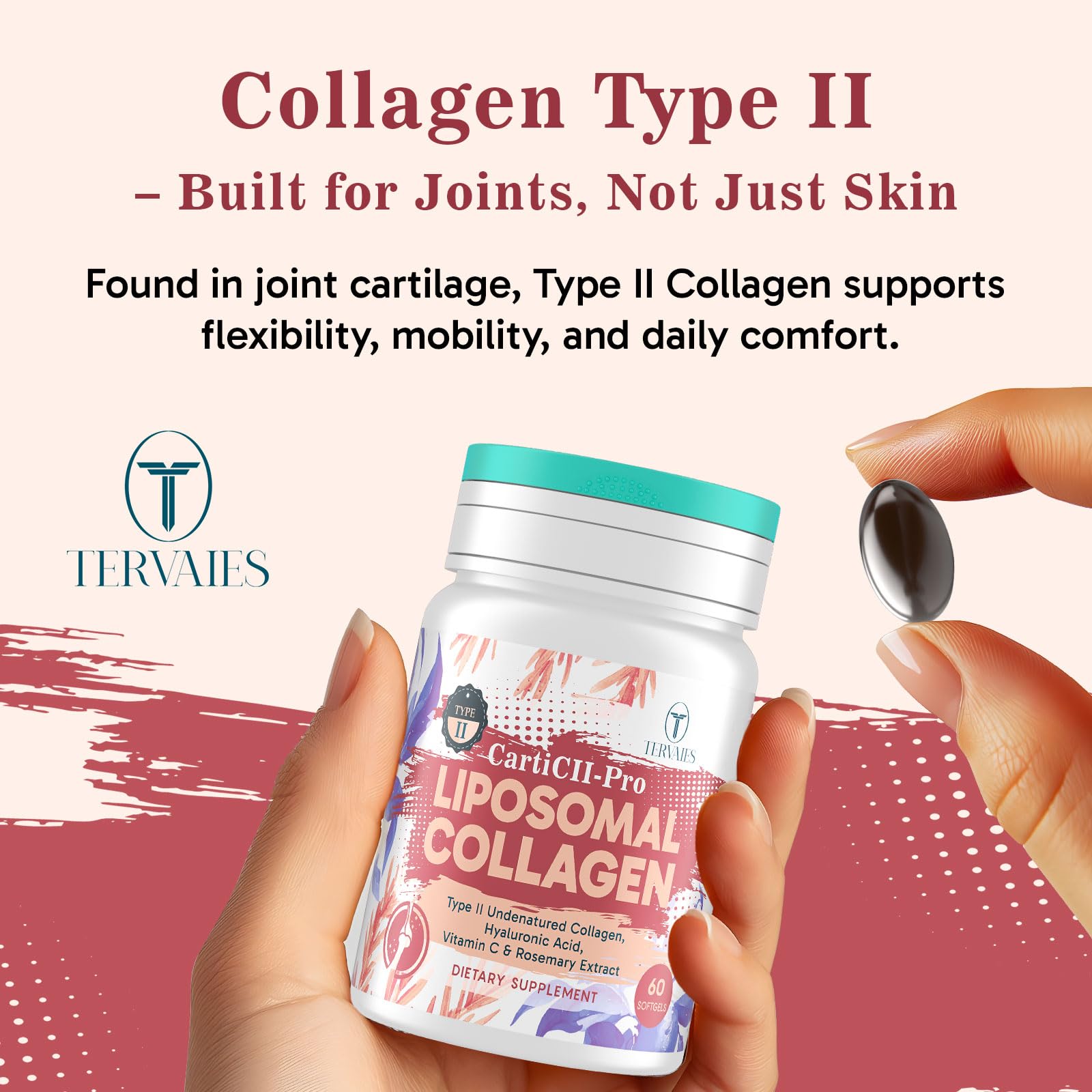 Tervaies Collagen Softgels in hand for size comparison