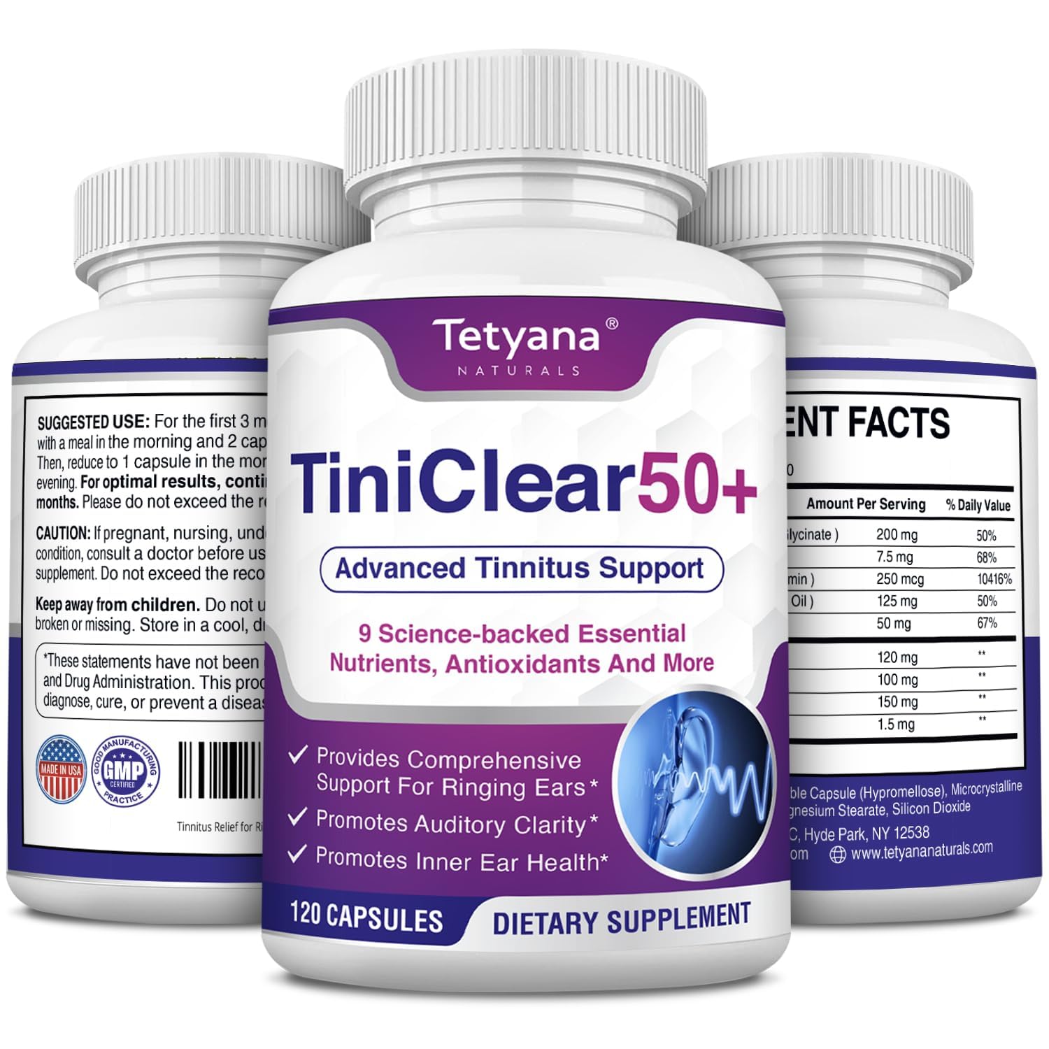 Tetyana Naturals Tinnitus Support Supplement 60 Capsules front view