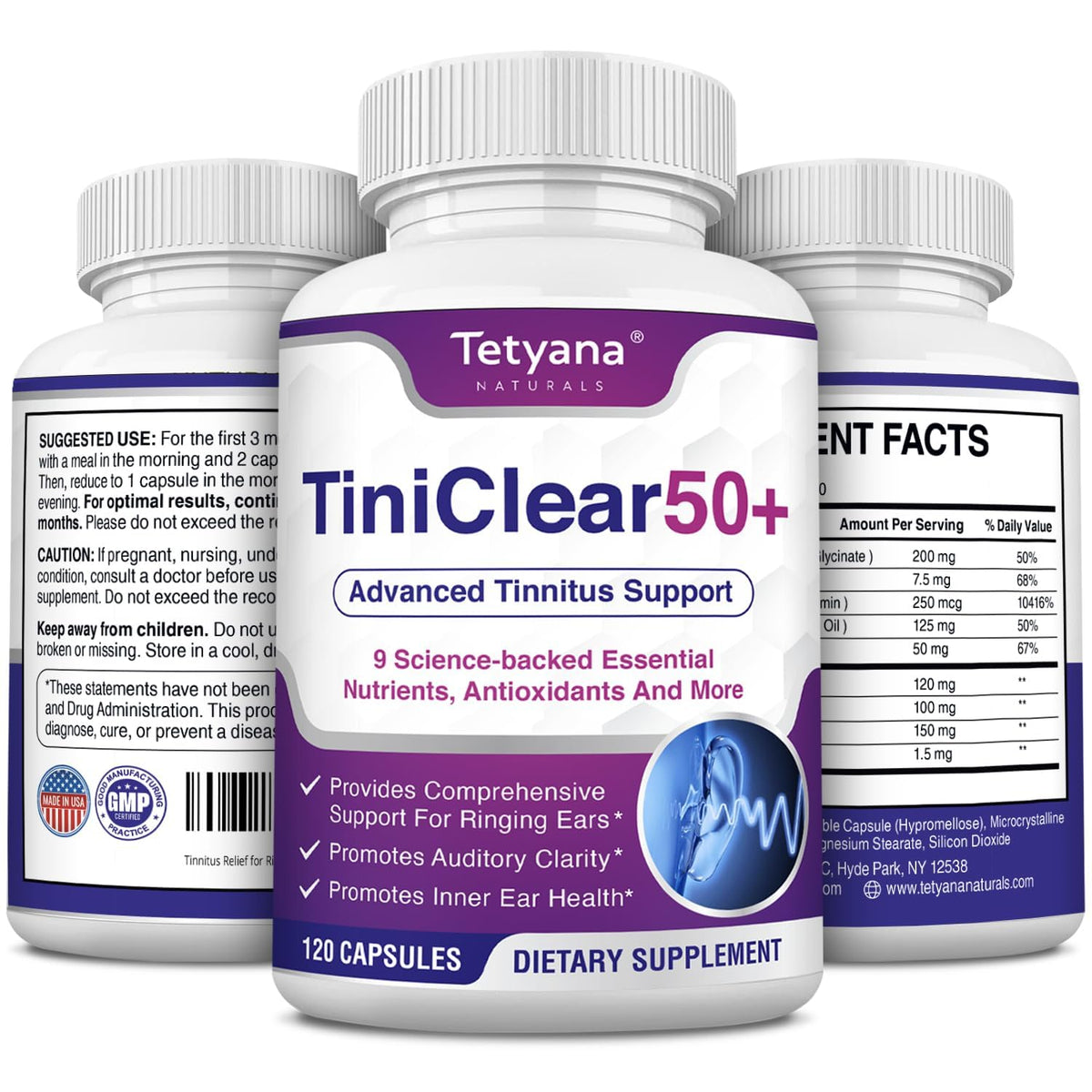 Tetyana Naturals Tinnitus Support Supplement 60 Capsules front view