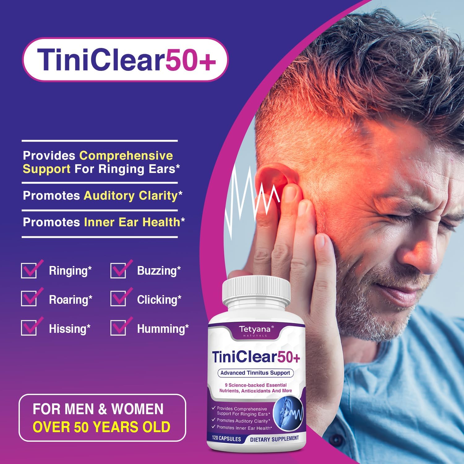 Tetyana Naturals Tinnitus Support Supplement bottle with product label