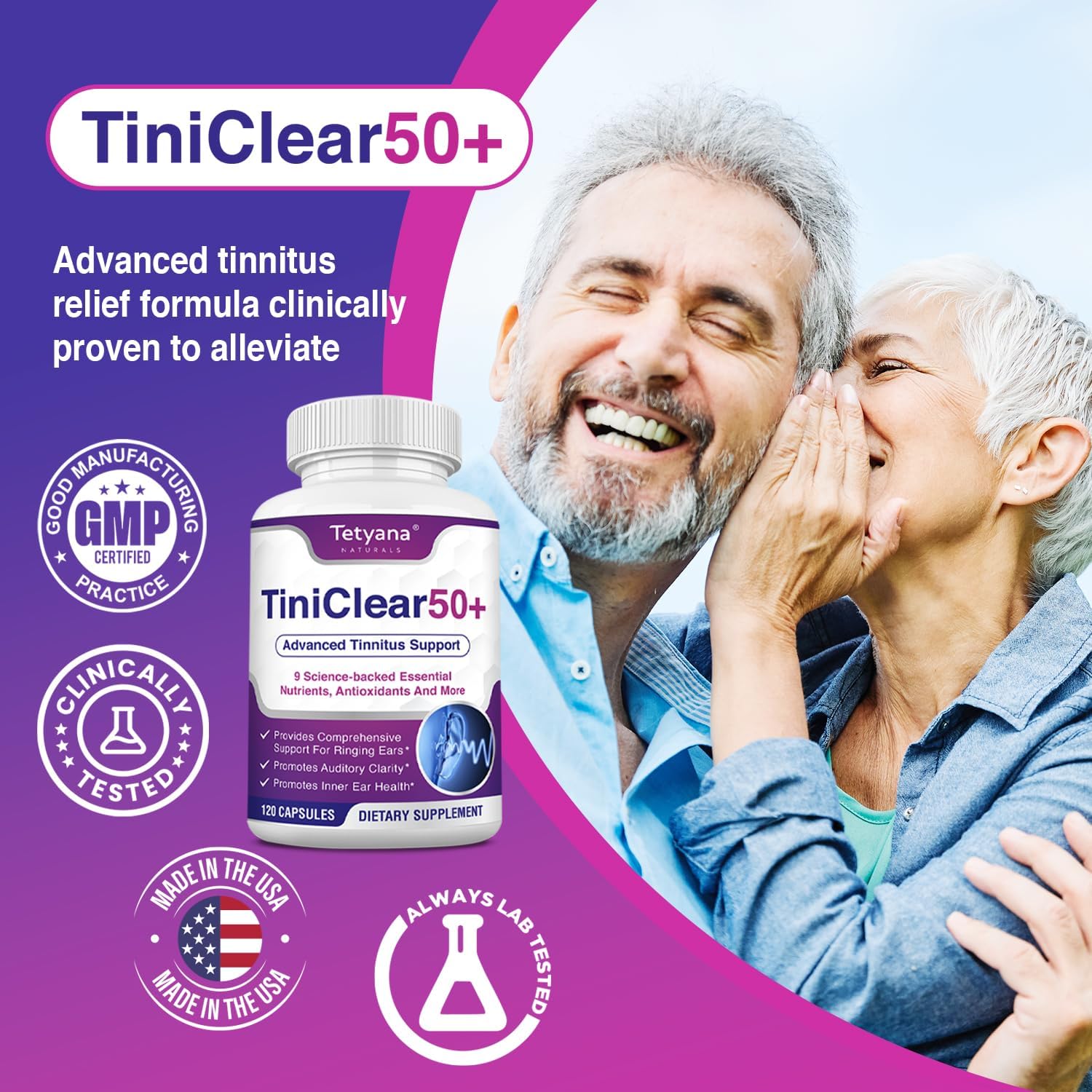 Tetyana Naturals Tinnitus Support Supplement capsules on a wooden table