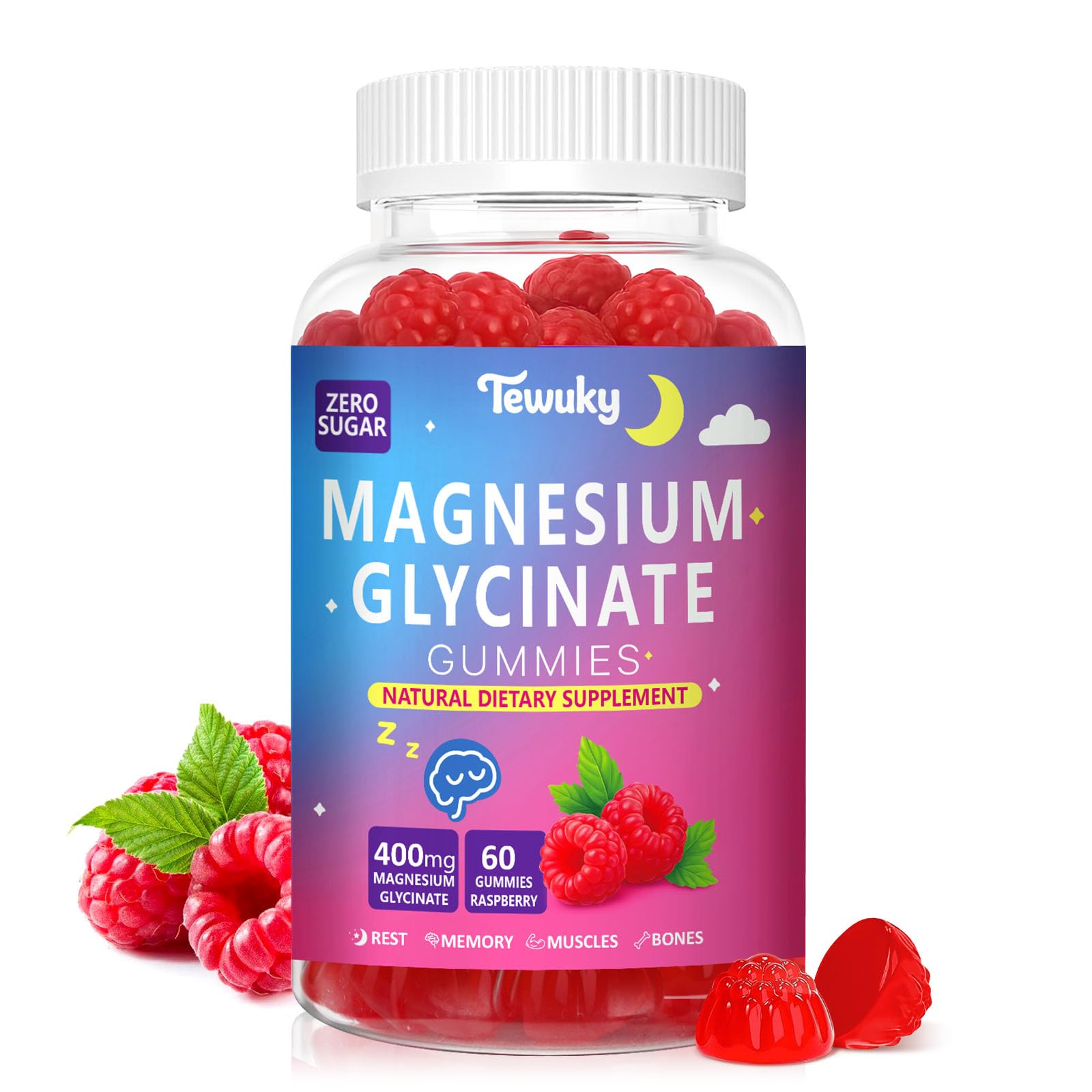 Tewuky Magnesium Glycinate Gummies 400mg front view with raspberry flavour
