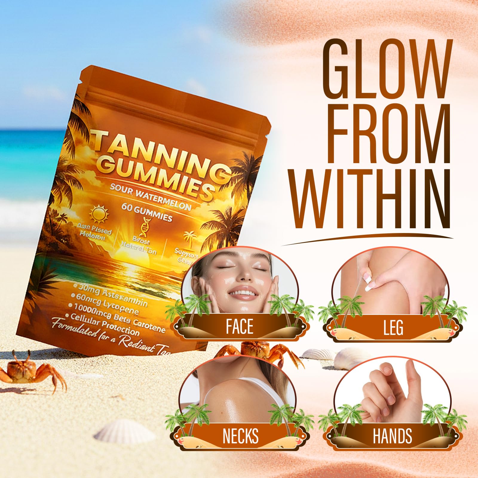Tfnovg Tanning Gummies 100g side view with nutrition facts