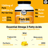 TGS Nutrition Omega-3 Fish Oil Supplement 1260mg softgel capsules on a wooden surface