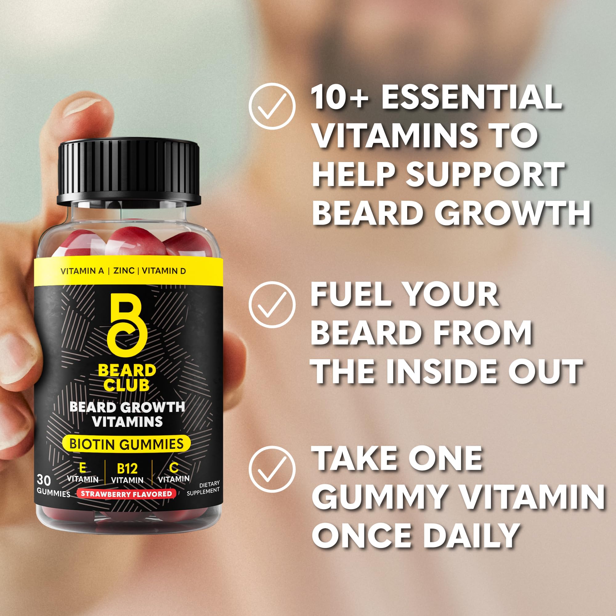 The Beard Club Beard Growth Gummies side view with nutritional information