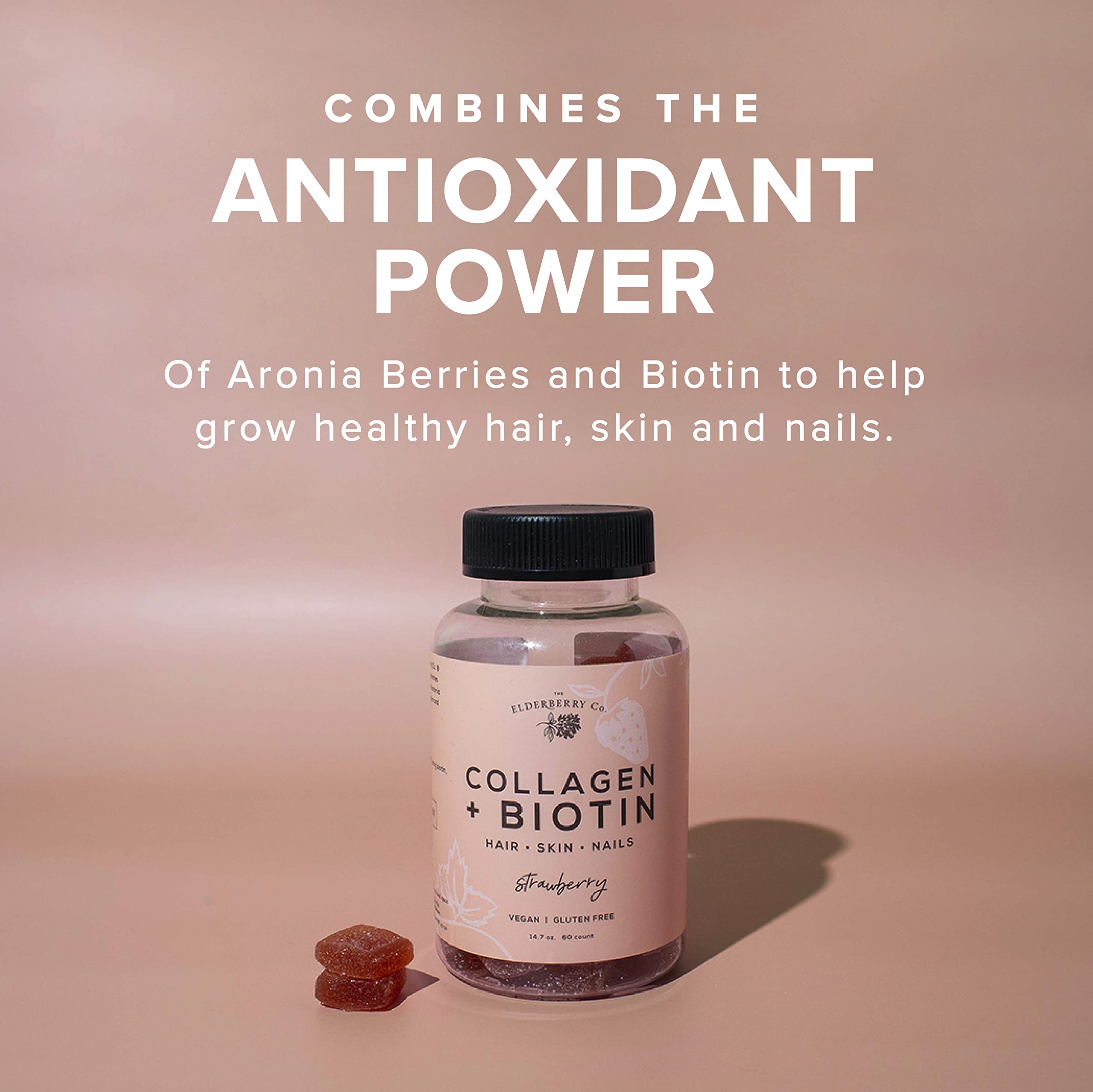 The Elderberry Co. Biotin Gummies side view with nutritional information