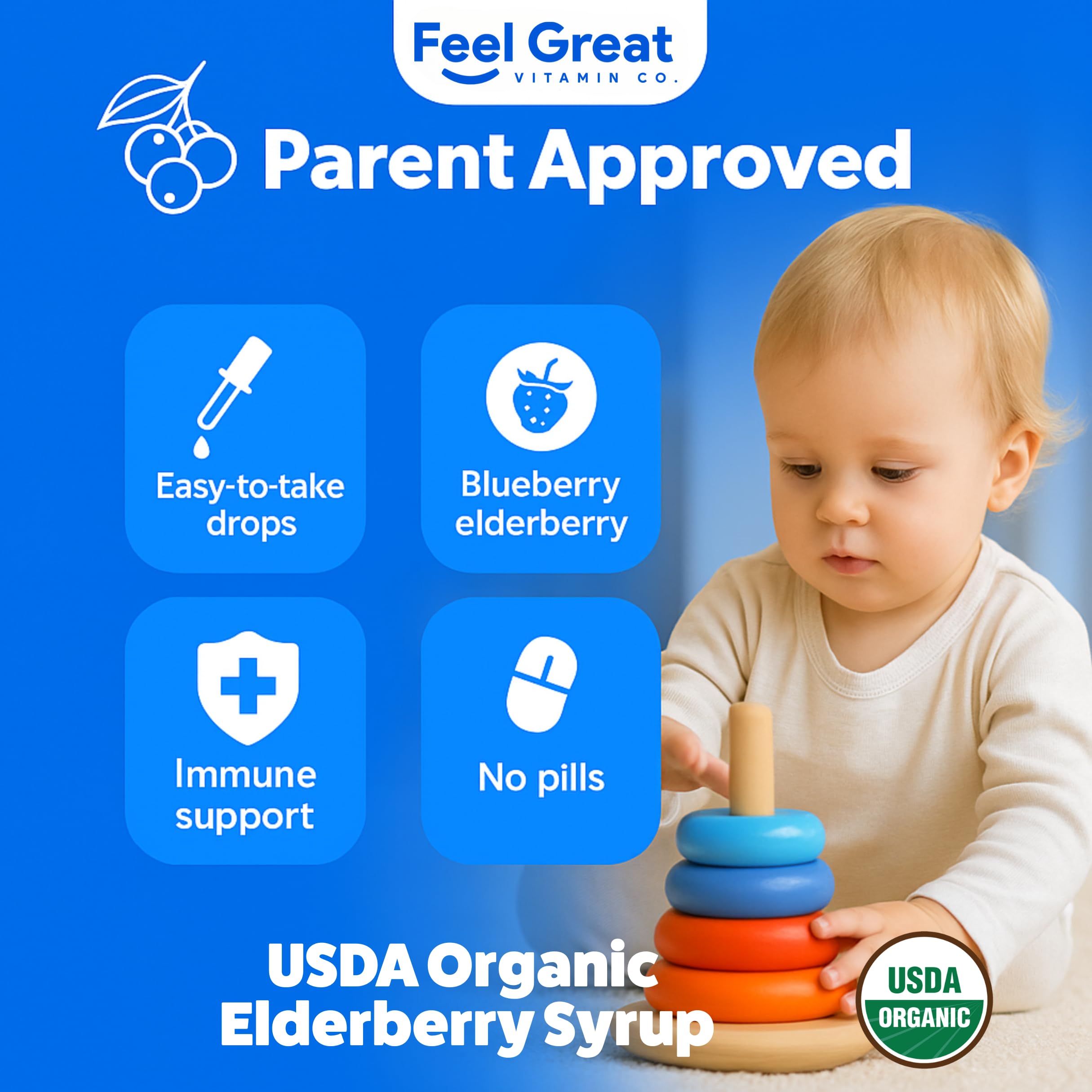 The Feel Great Vitamin Company Elderberry Syrup for Kids bottle side view