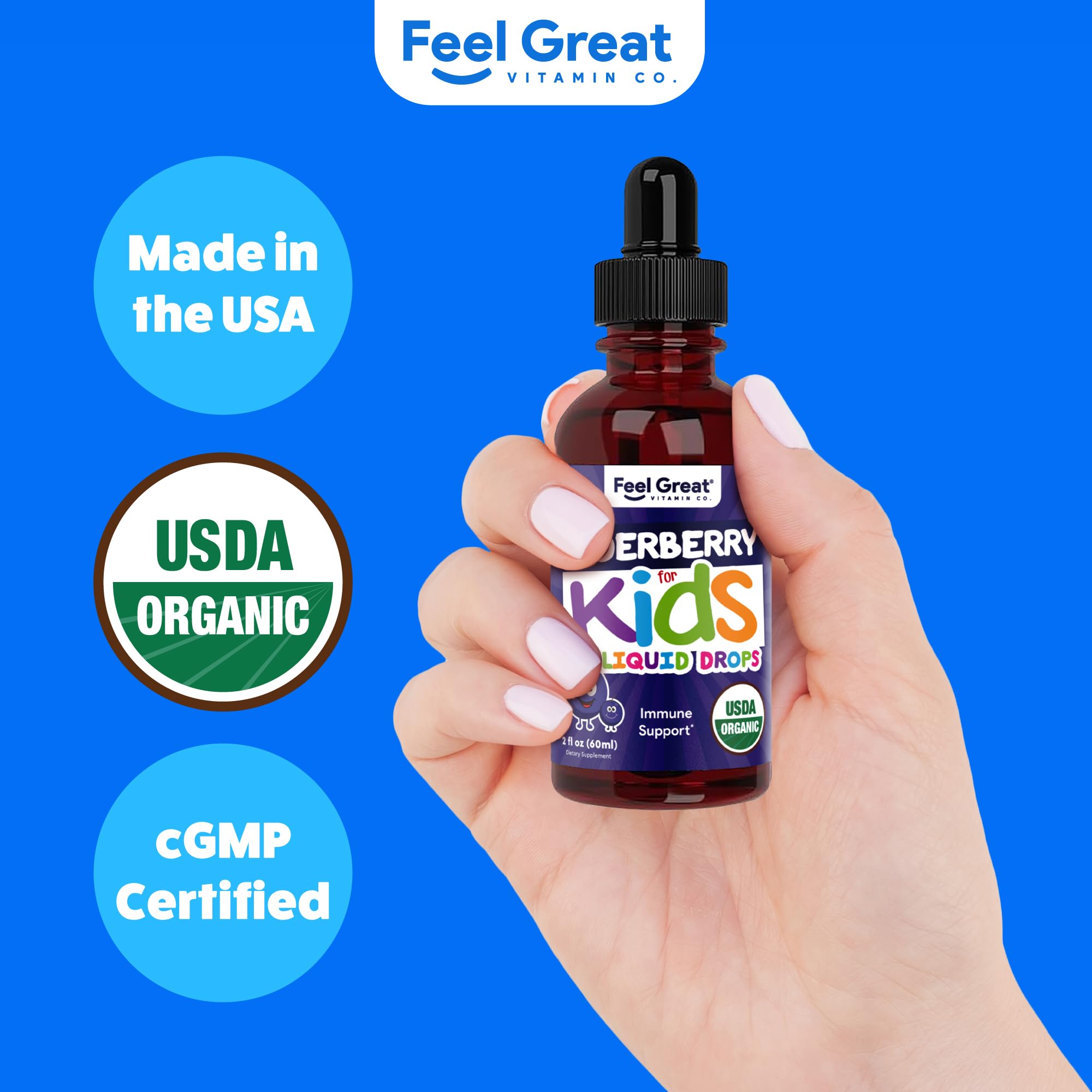 The Feel Great Vitamin Company Elderberry Syrup for Kids bottle with child