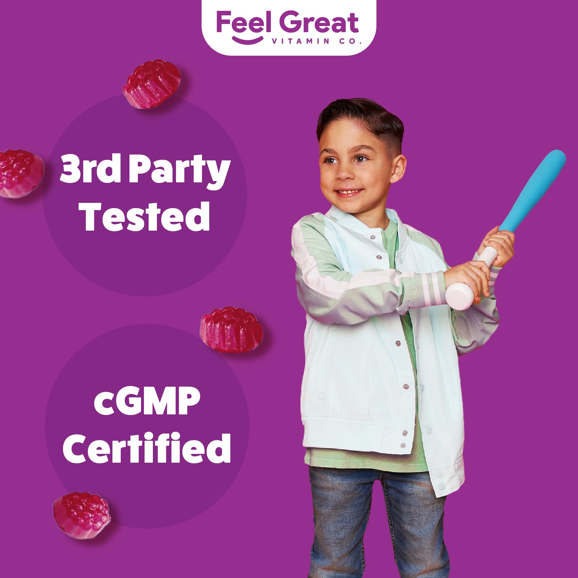 The Feel Great Vitamin Company Kids Magnesium Calm Gummies with a berry background
