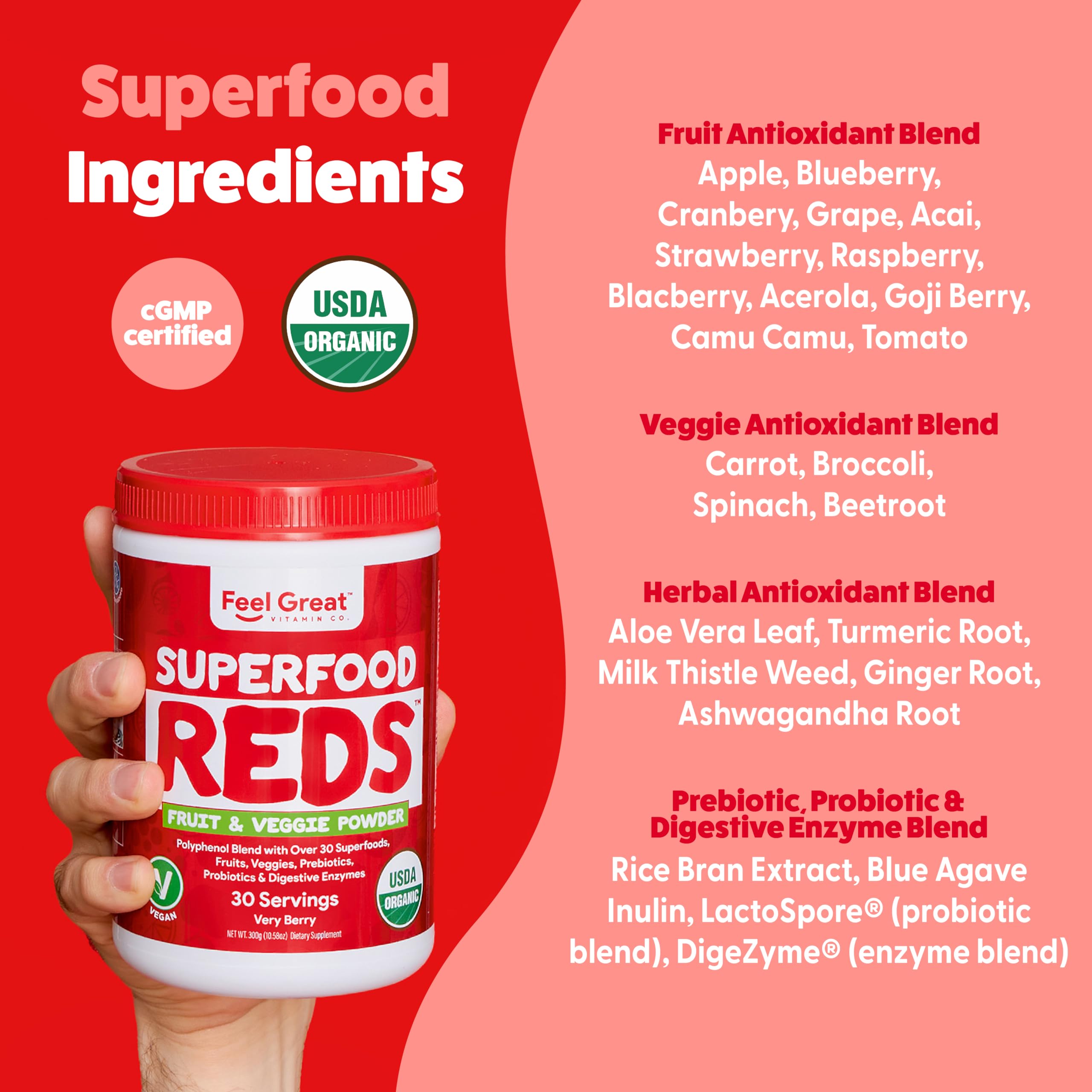 The Feel Great Vitamin Company Superfood Powder packaging side view