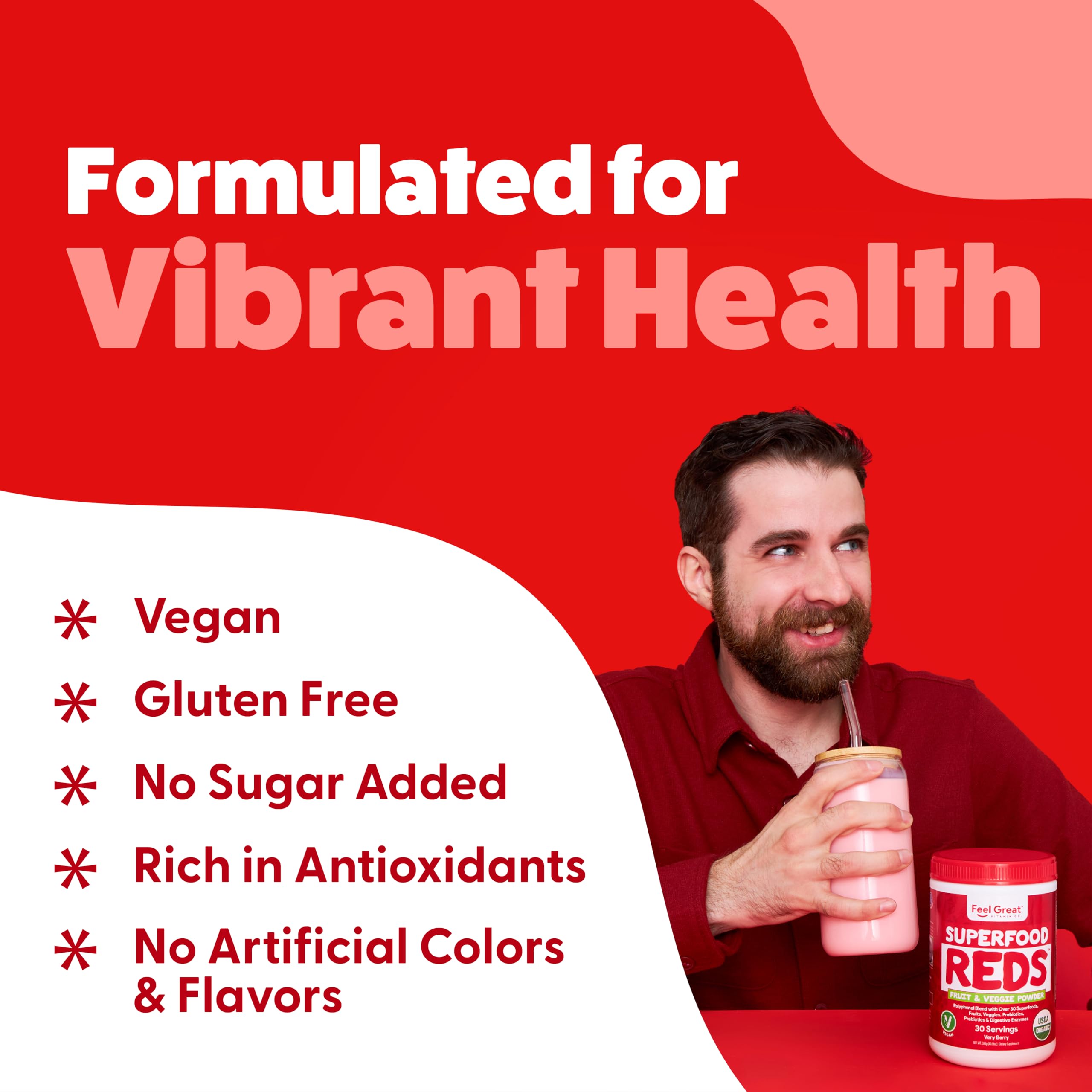 The Feel Great Vitamin Company Superfood Powder with fresh fruits and vegetables
