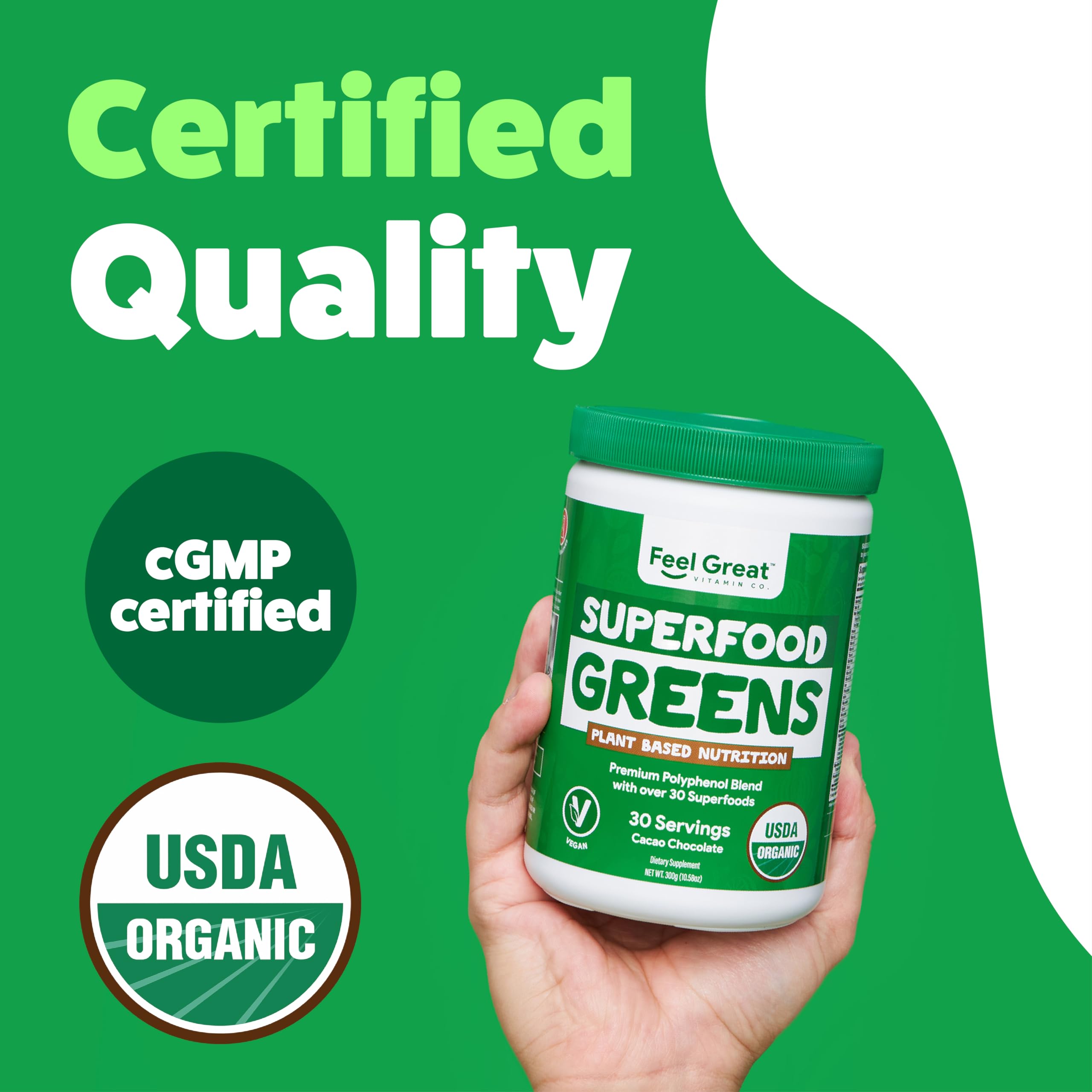 The Feel Great Vitamin Company Superfood Reds and Greens Powder in a glass