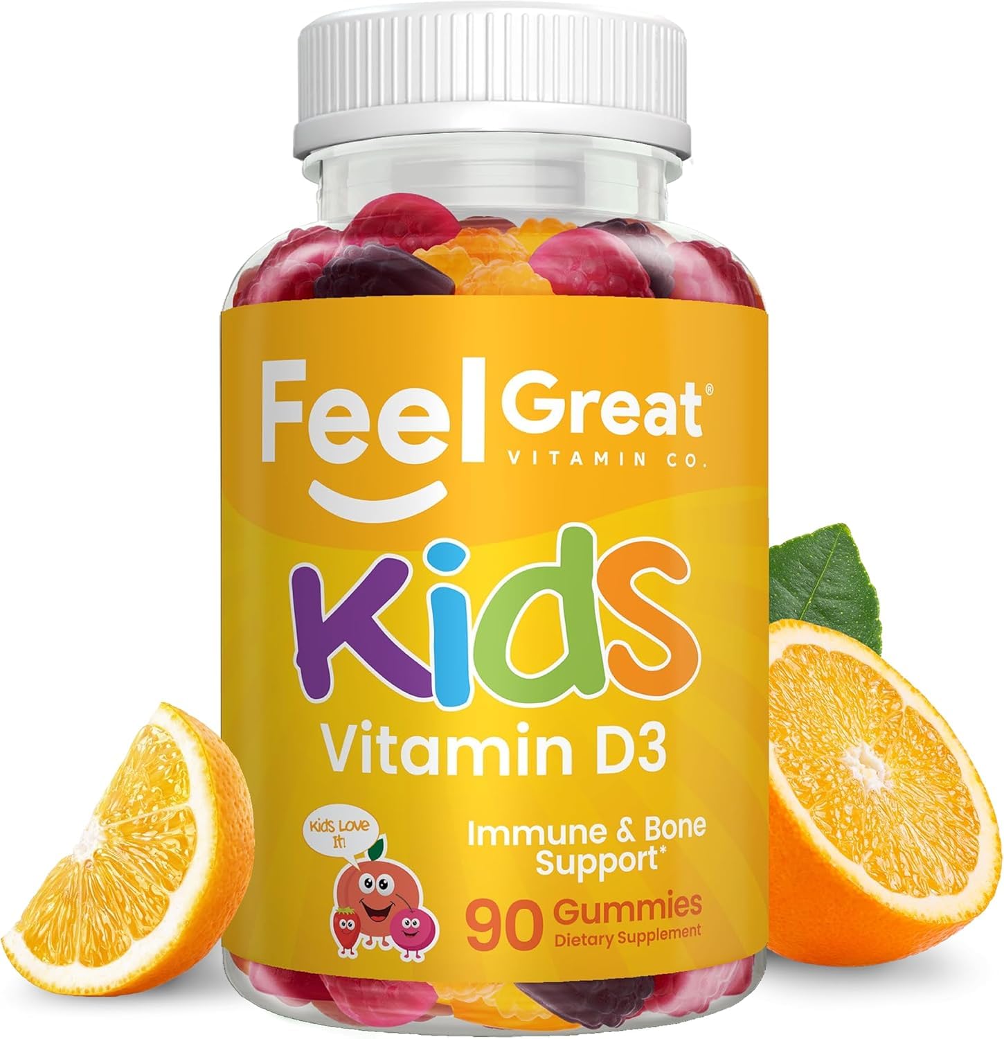 The Feel Great Vitamin Company Vitamin D3 Gummies for Kids with a measuring spoon