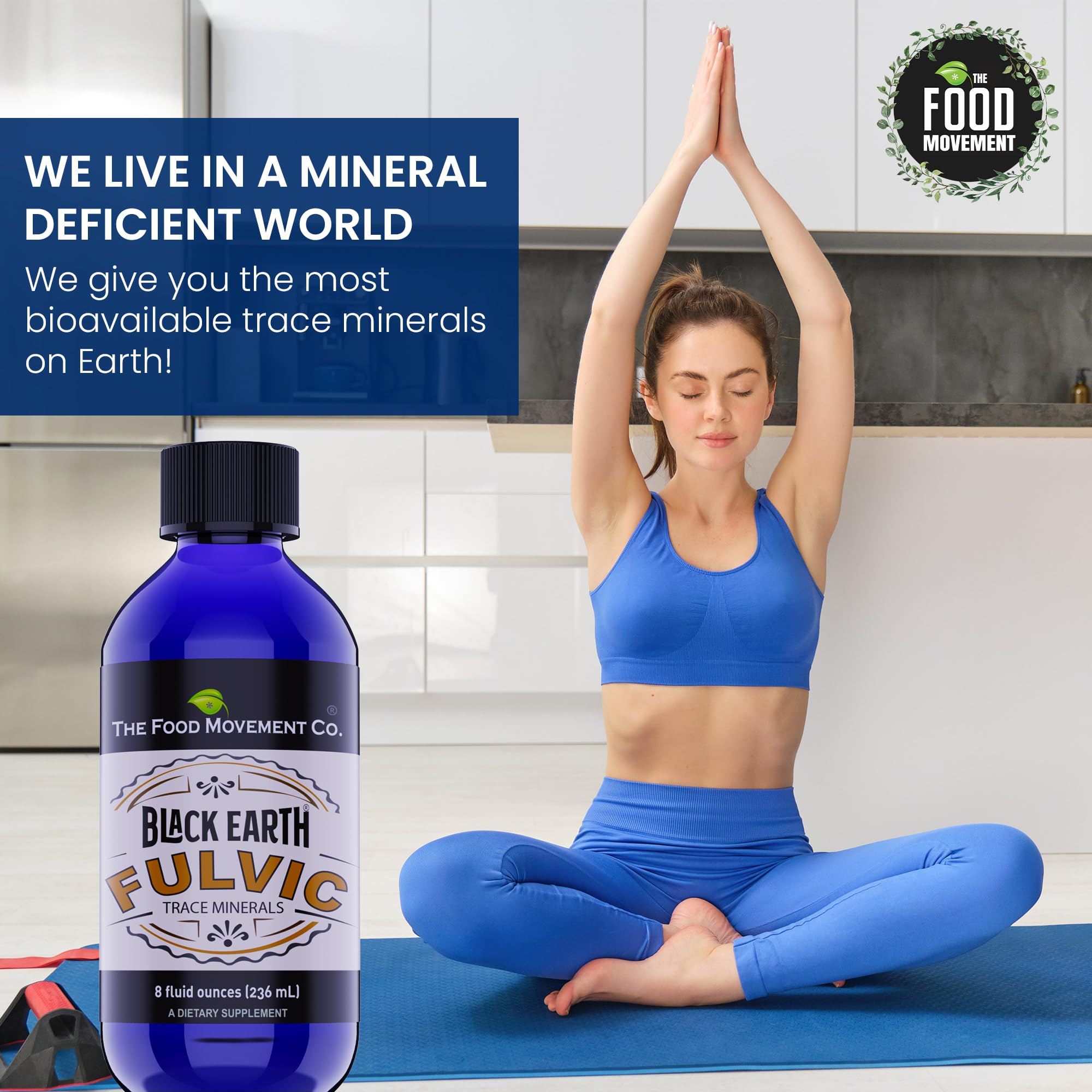 THE FOOD MOVEMENT CO. Black Earth Fulvic Acid 8oz liquid supplement in a kitchen setting