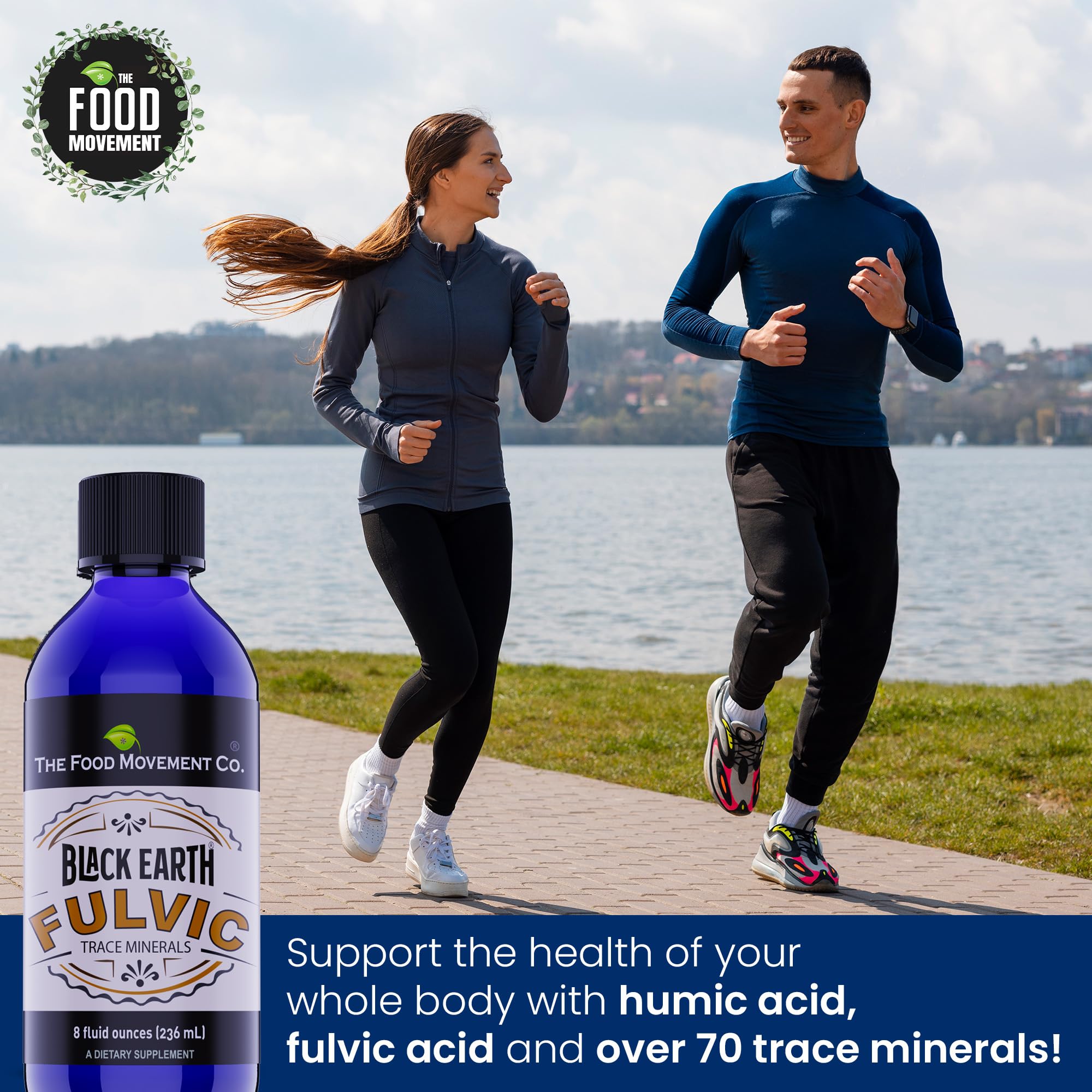 THE FOOD MOVEMENT CO. Black Earth Fulvic Acid 8oz liquid supplement with measuring spoon