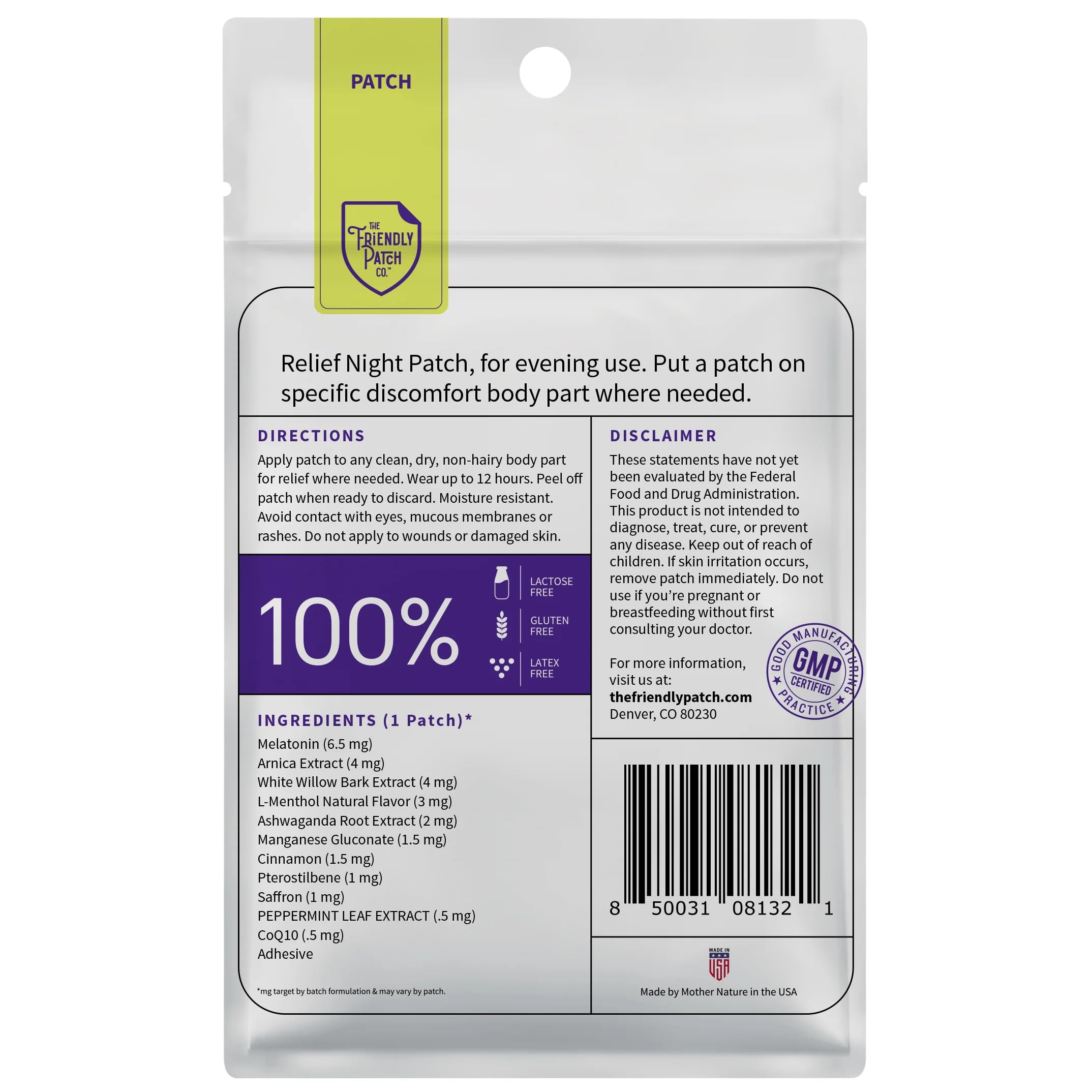 The Friendly Patch Relief Night Patch applied on skin