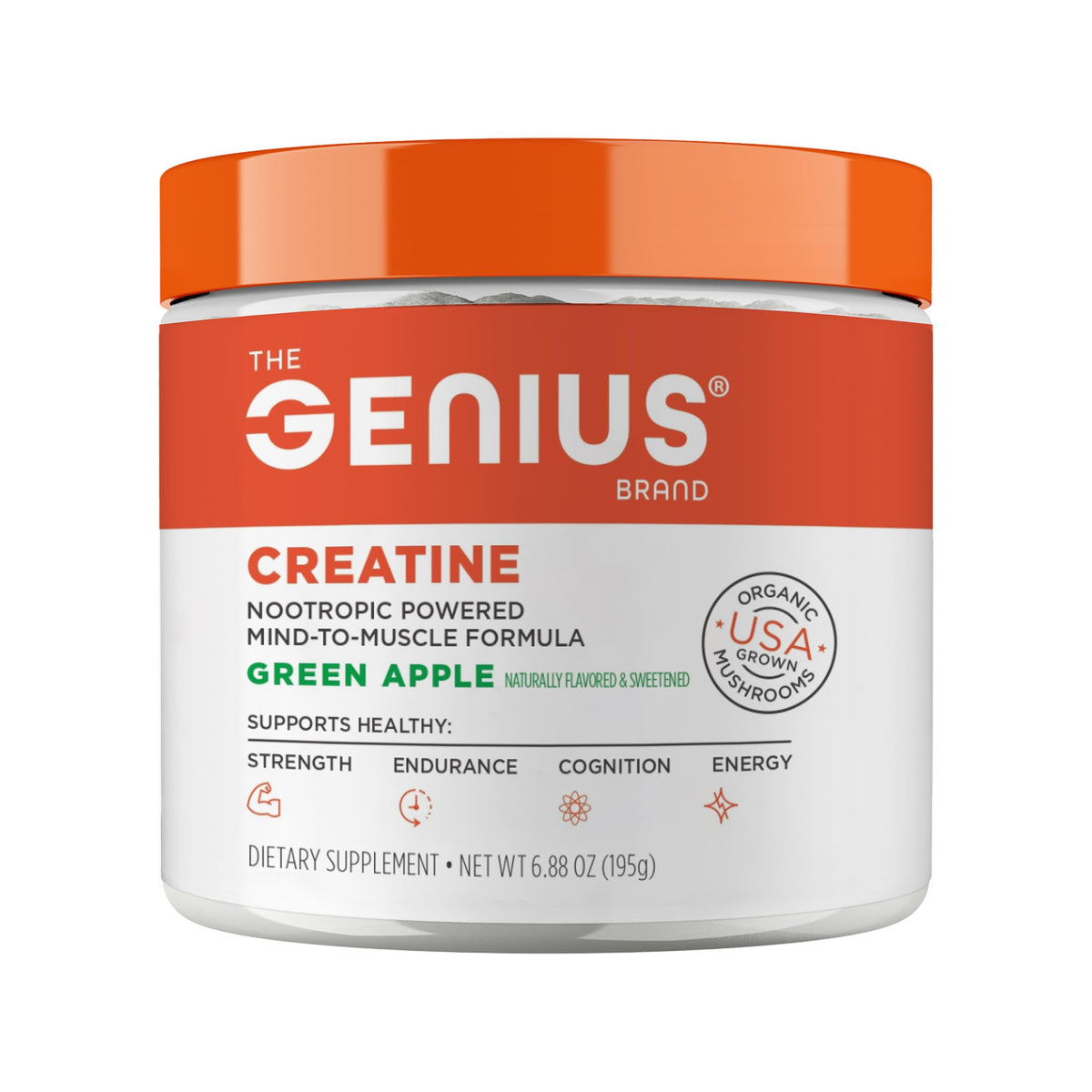 The Genius Brand Creatine Powder 227g front view with Green Apple flavour