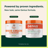 The Genius Brand Creatine Powder 227g with a glass of water