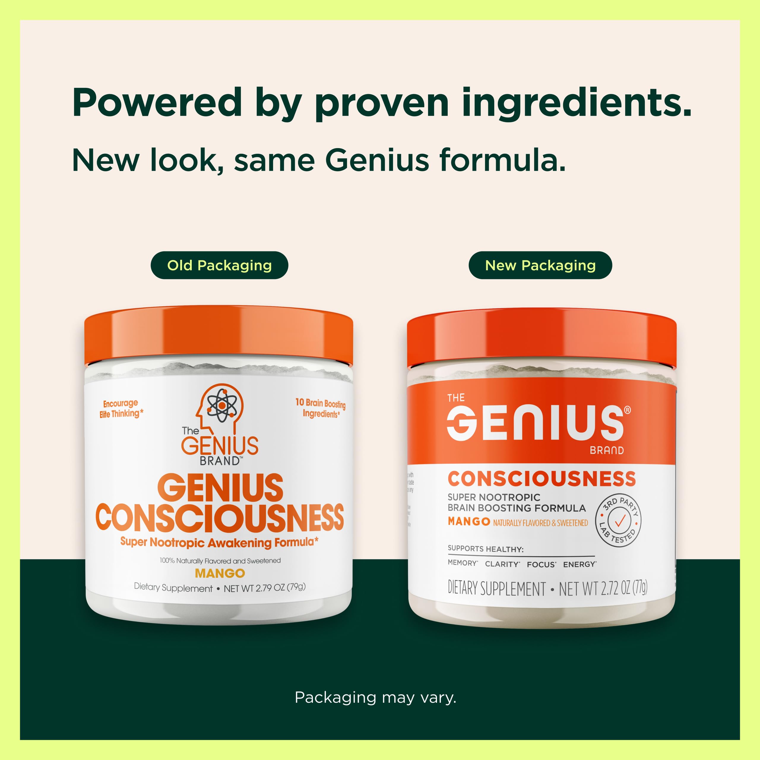 The Genius Brand Genius Consciousness supplement side view showing ingredients