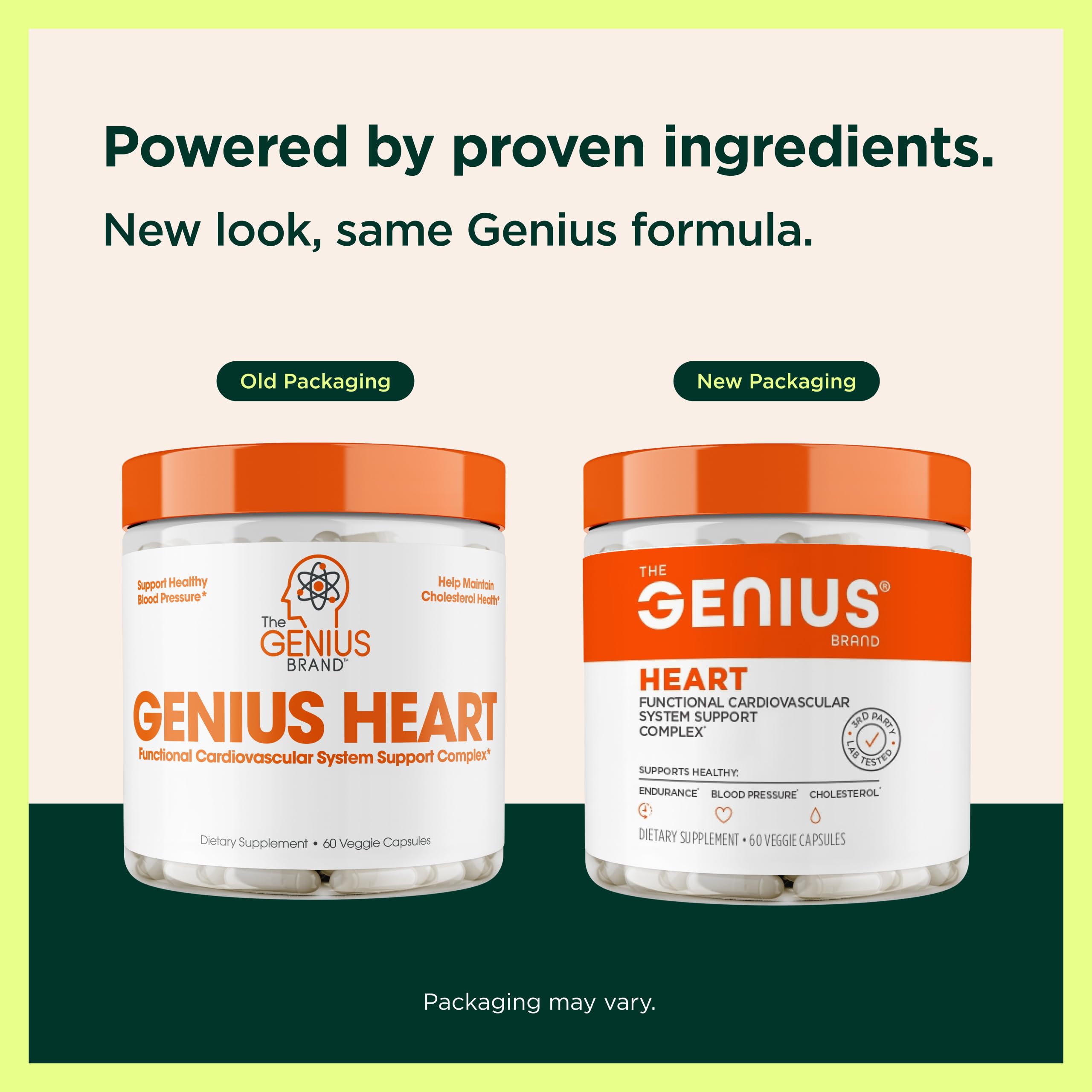 The Genius Brand Genius Heart CoQ10 Supplement capsules on a table