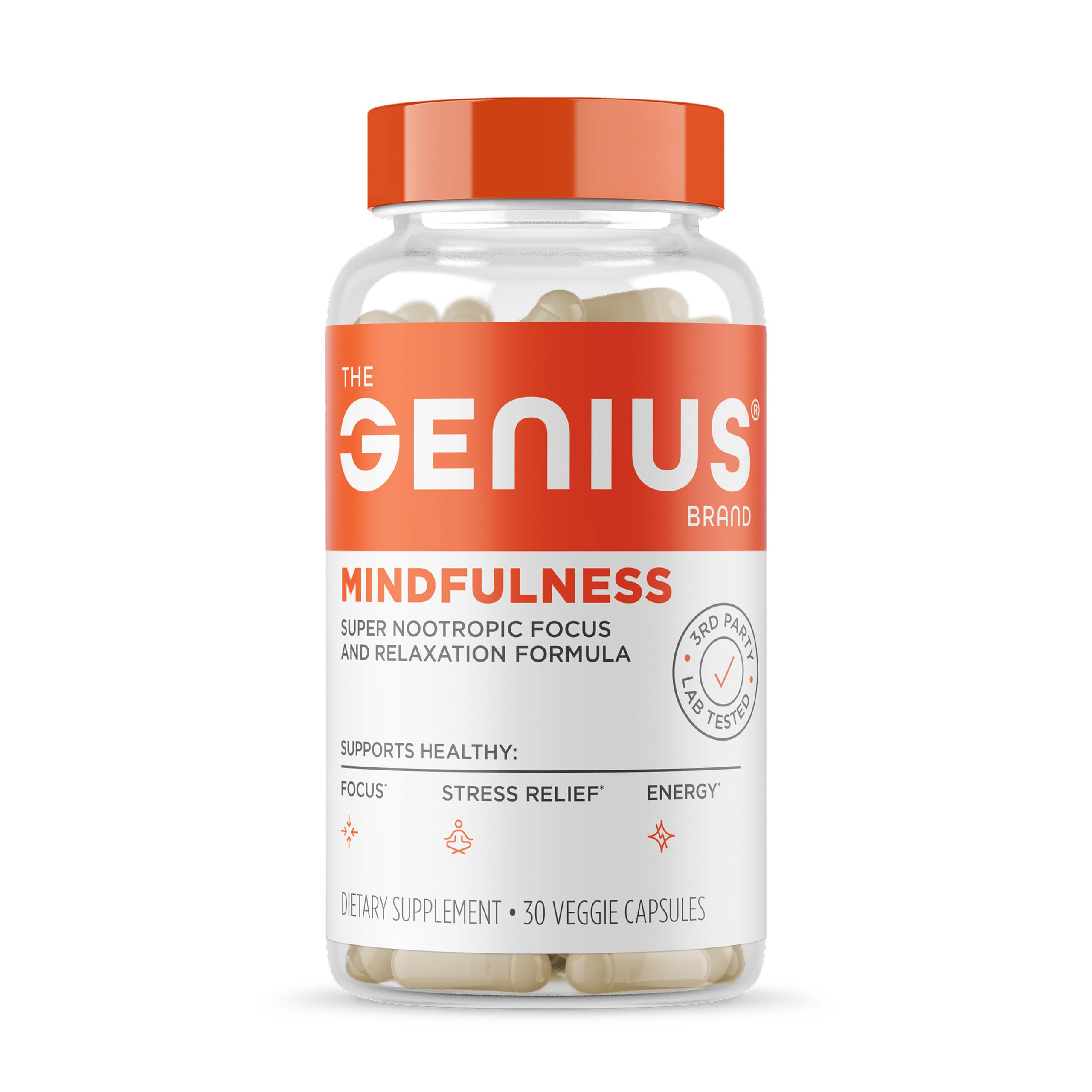 The Genius Brand Genius Mindfulness Ashwagandha Supplement front view with packaging
