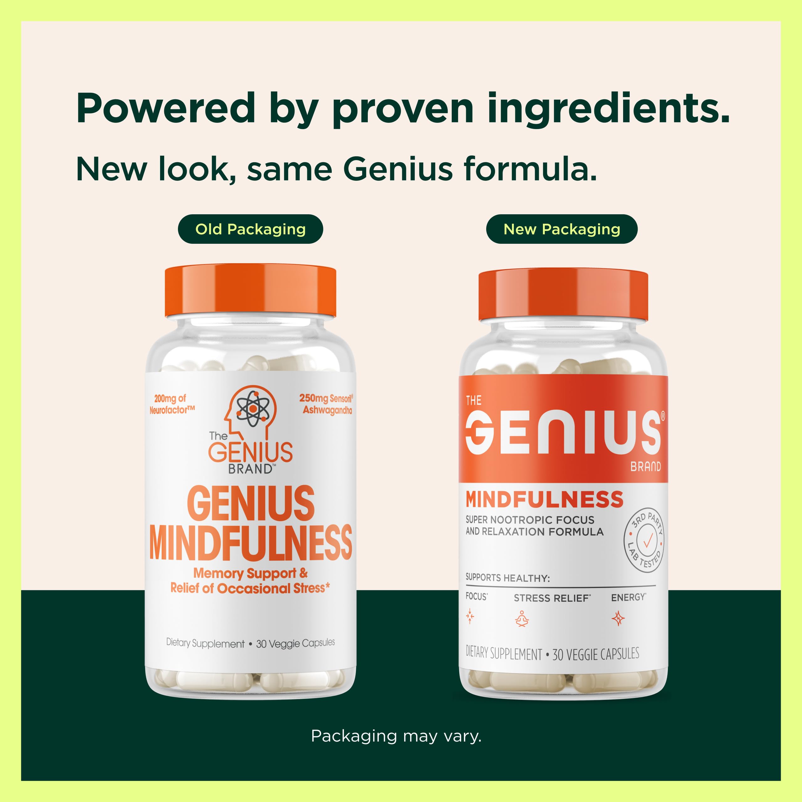 The Genius Brand Genius Mindfulness Ashwagandha Supplement ingredients list on packaging