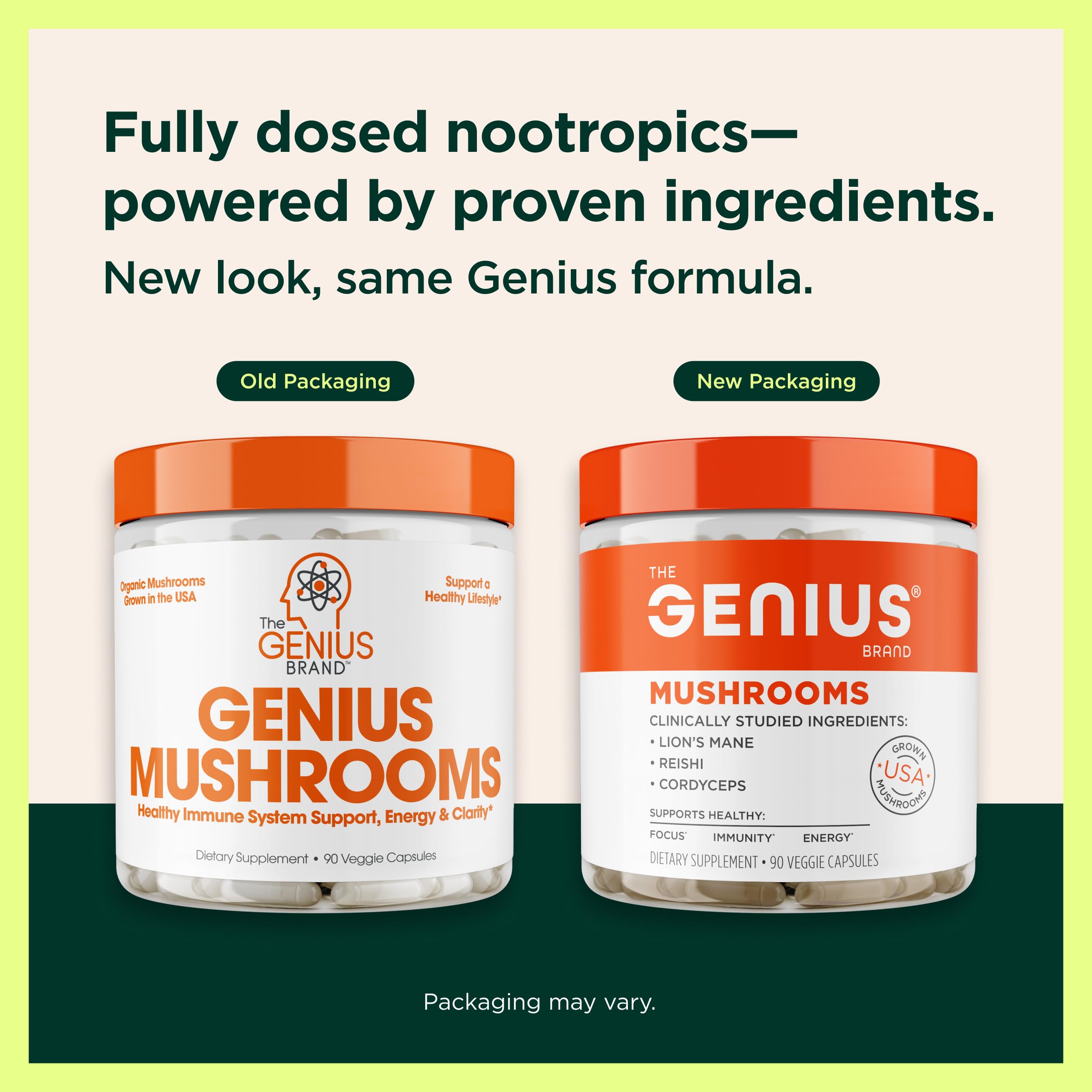 The Genius Brand Genius Mushrooms 90 Capsules with ingredients list