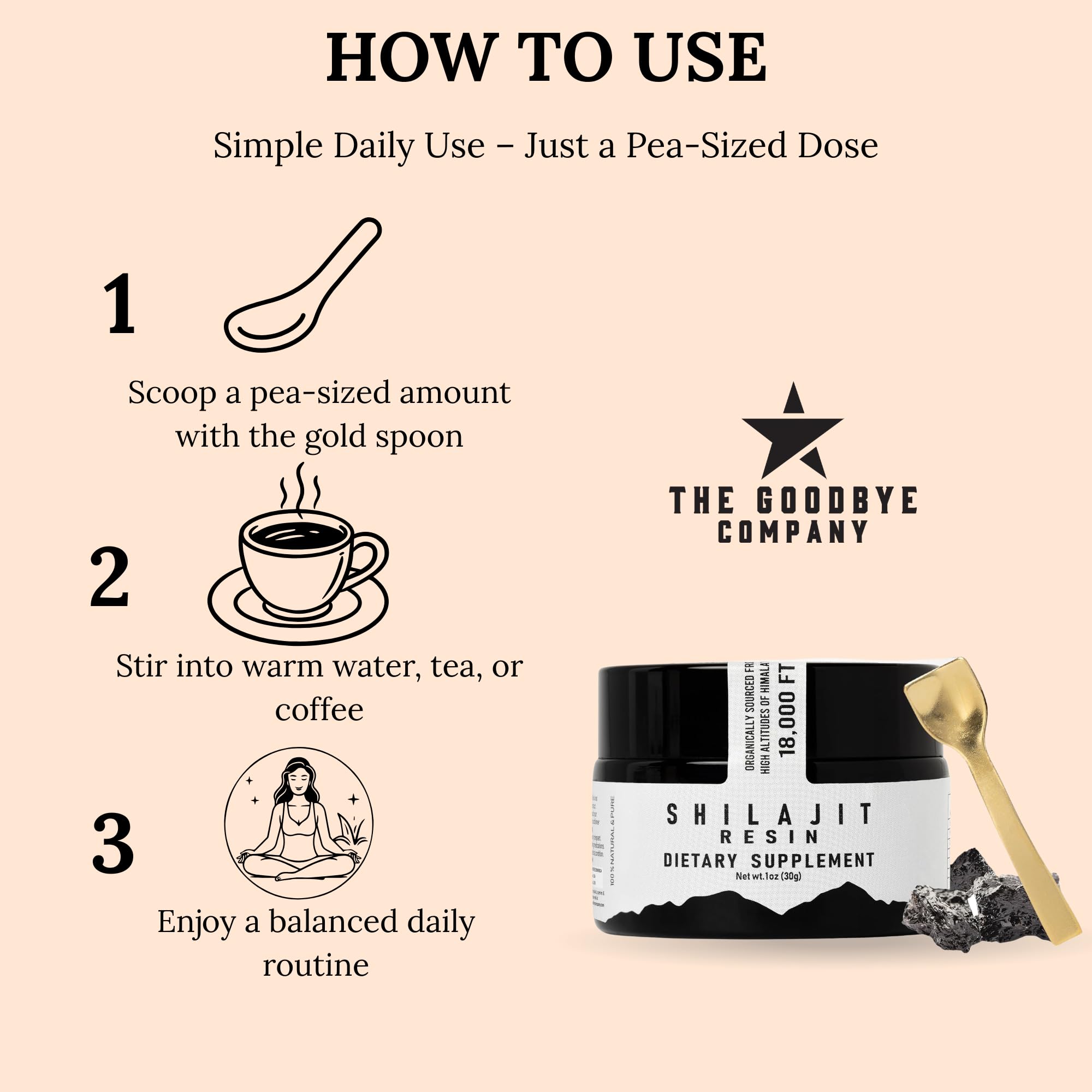 The Goodbye Company Shilajit Resin jar with a gold spoon