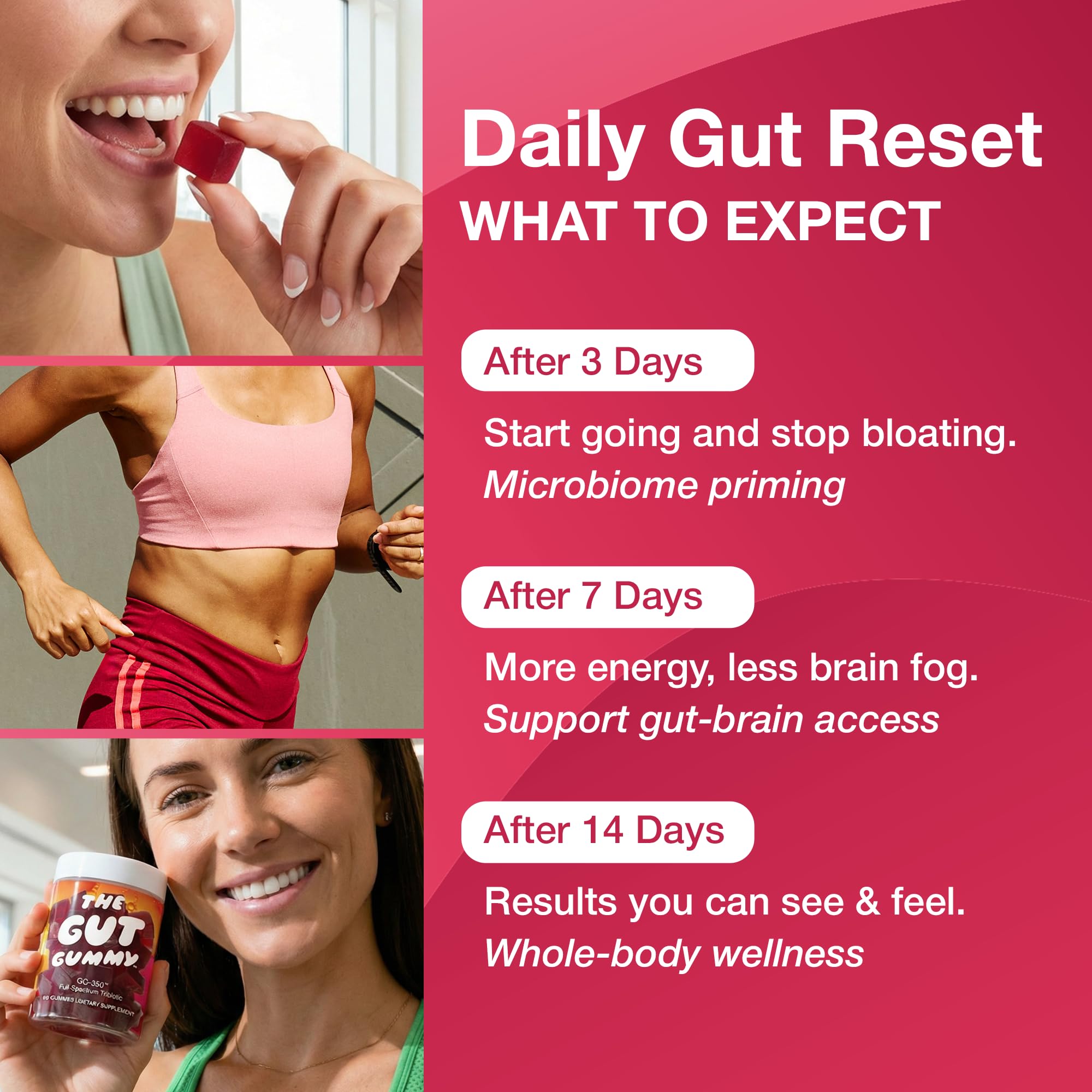 The Gut Gummy Daily Gut Reset 8-in-1 Triobiotic Supplement on a kitchen counter
