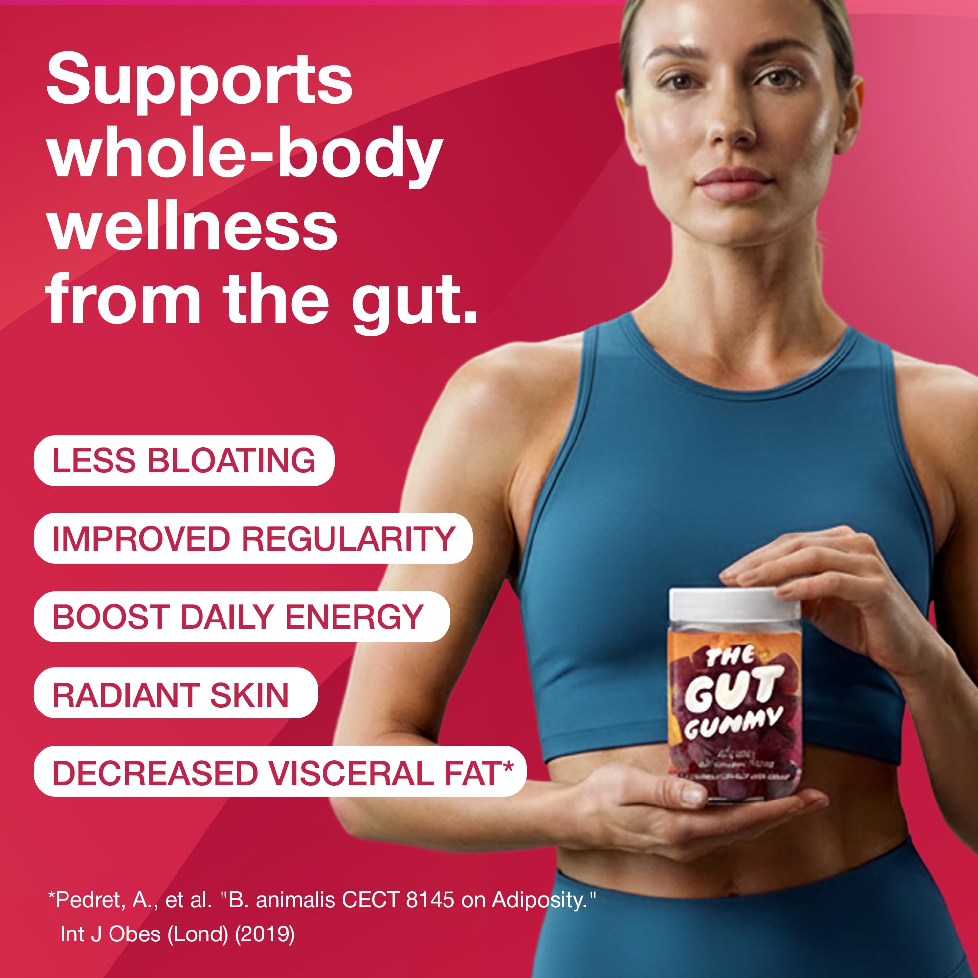 The Gut Gummy Daily Gut Reset 8-in-1 Triobiotic Supplement with a glass of water