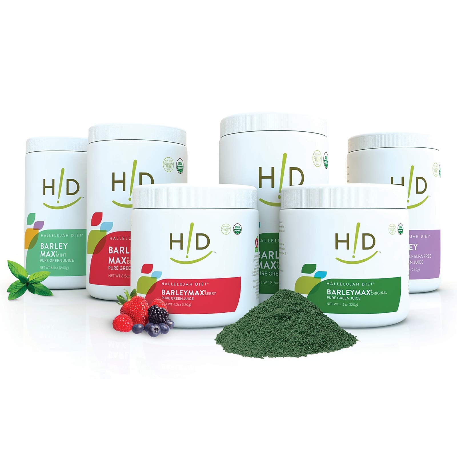 THE HALLELUJAH DIET BarleyMax Berry Powder displayed with a measuring scoop