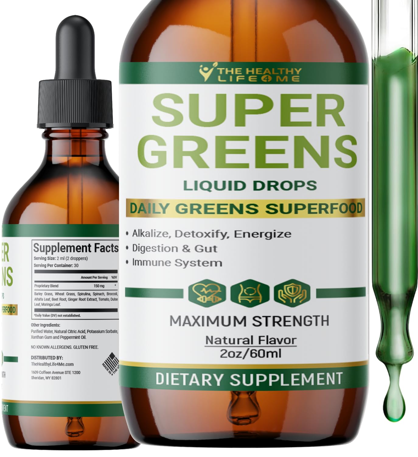 THE HEALTHY LIFE 4 ME Liquid Super Greens front view with packaging