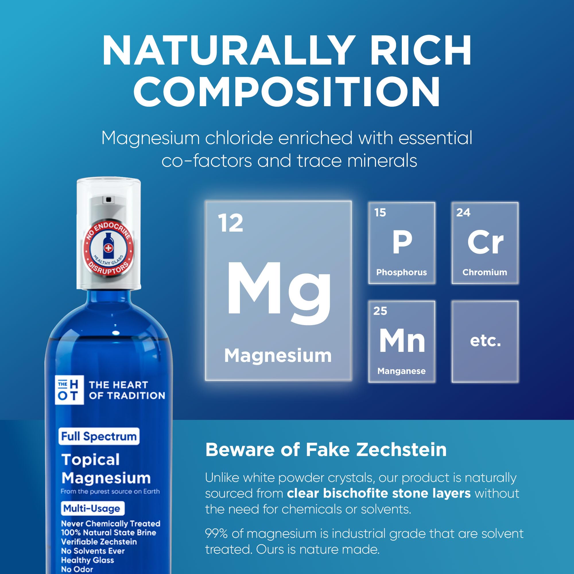 The Heart of Tradition Magnesium Oil Spray 7oz bottle in a bathroom setting