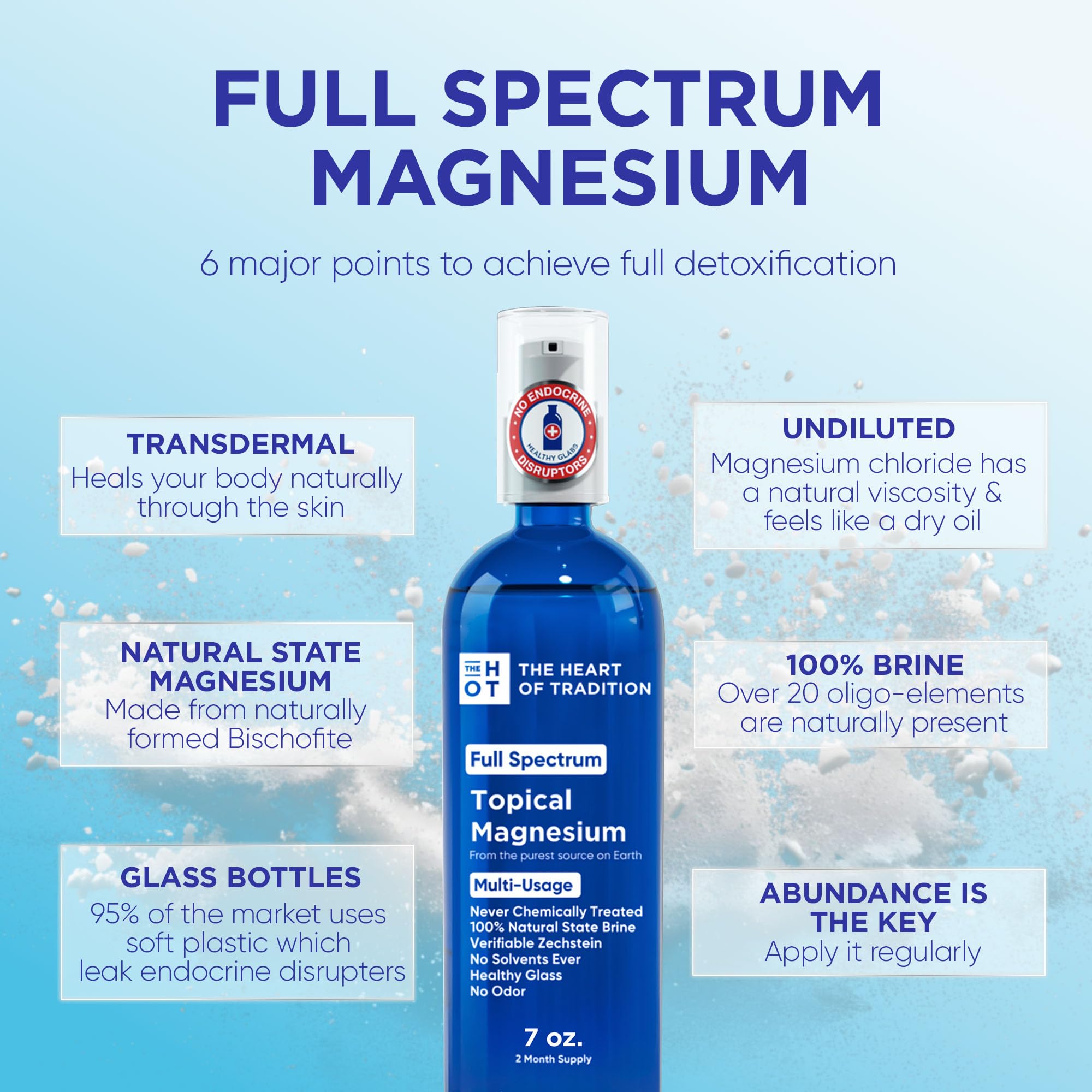 The Heart of Tradition Magnesium Oil Spray 7oz bottle with natural background