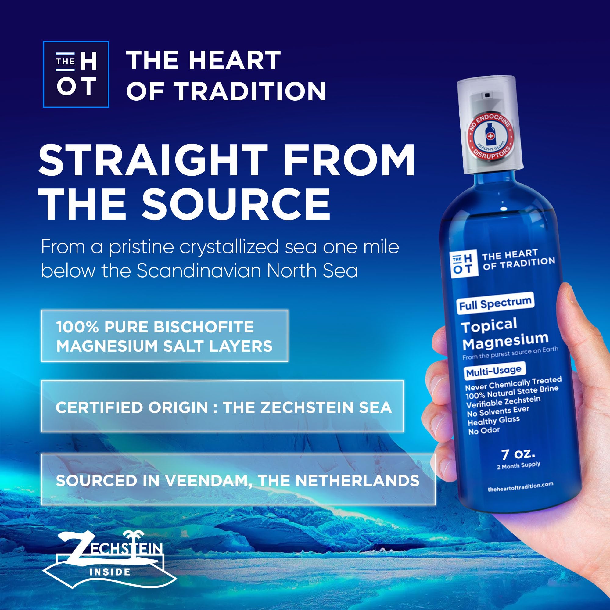 The Heart of Tradition Magnesium Oil Spray 7oz glass bottle side view