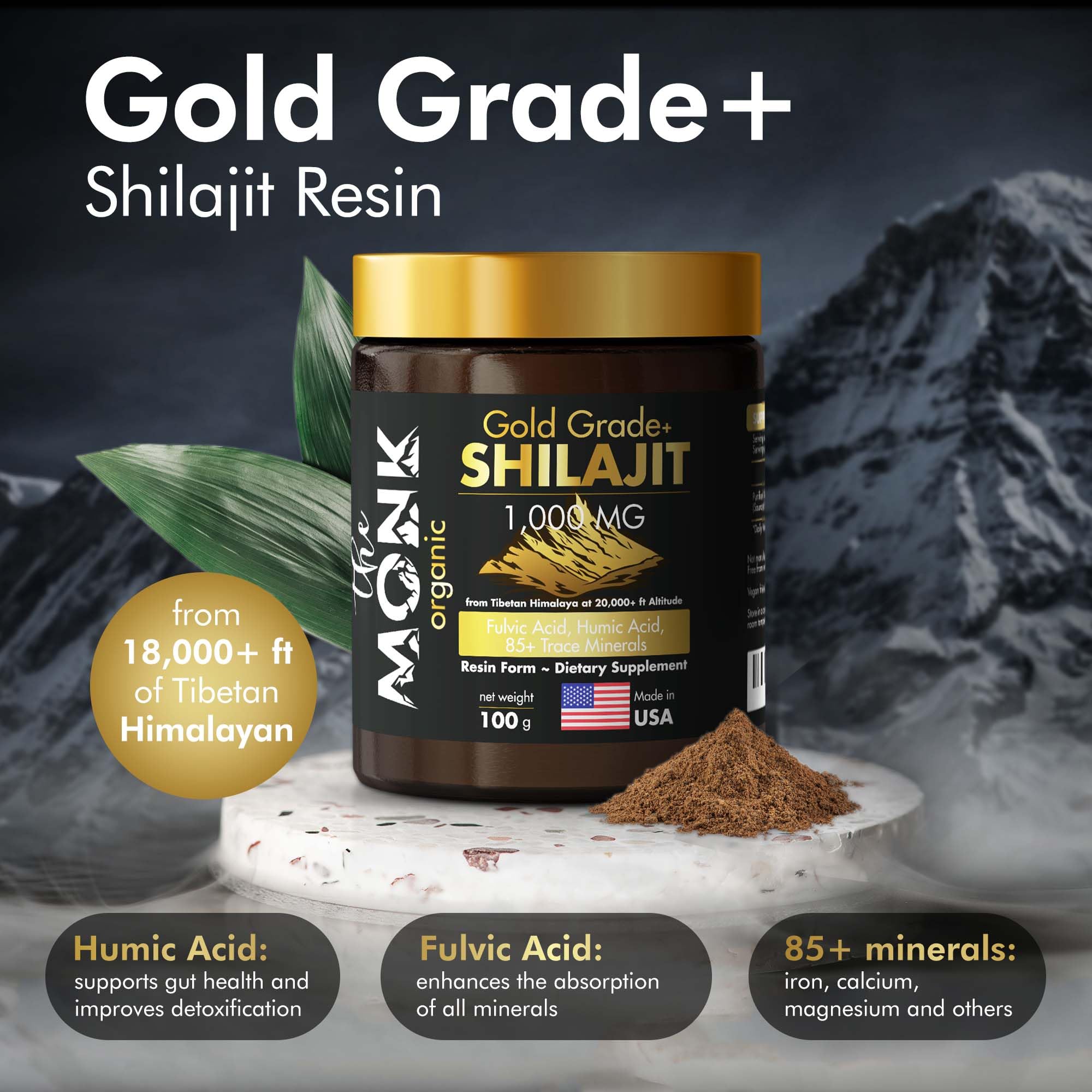 THE MONK Shilajit Resin 100g side view with ingredients