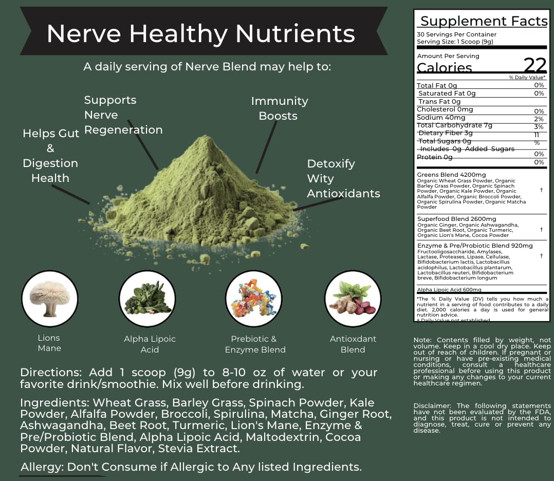 The Nerve Brand Alpha Lipoic Acid Superfood Powder scoop next to ingredients