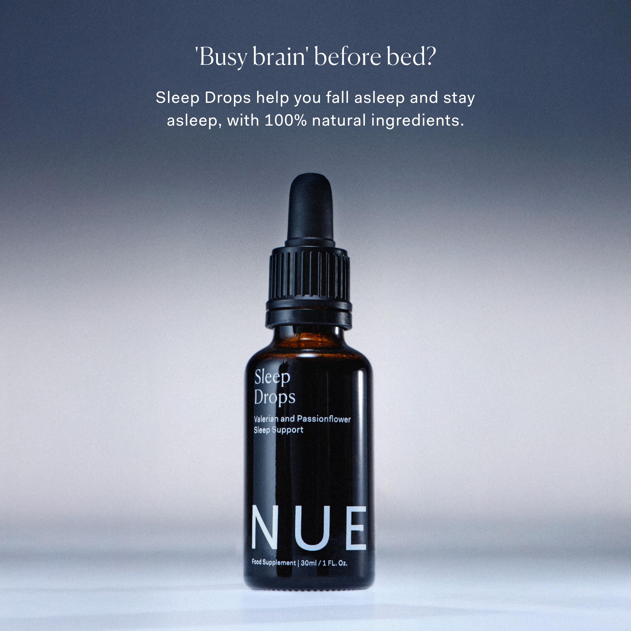 The Nue Co Sleep Drops with a glass of water