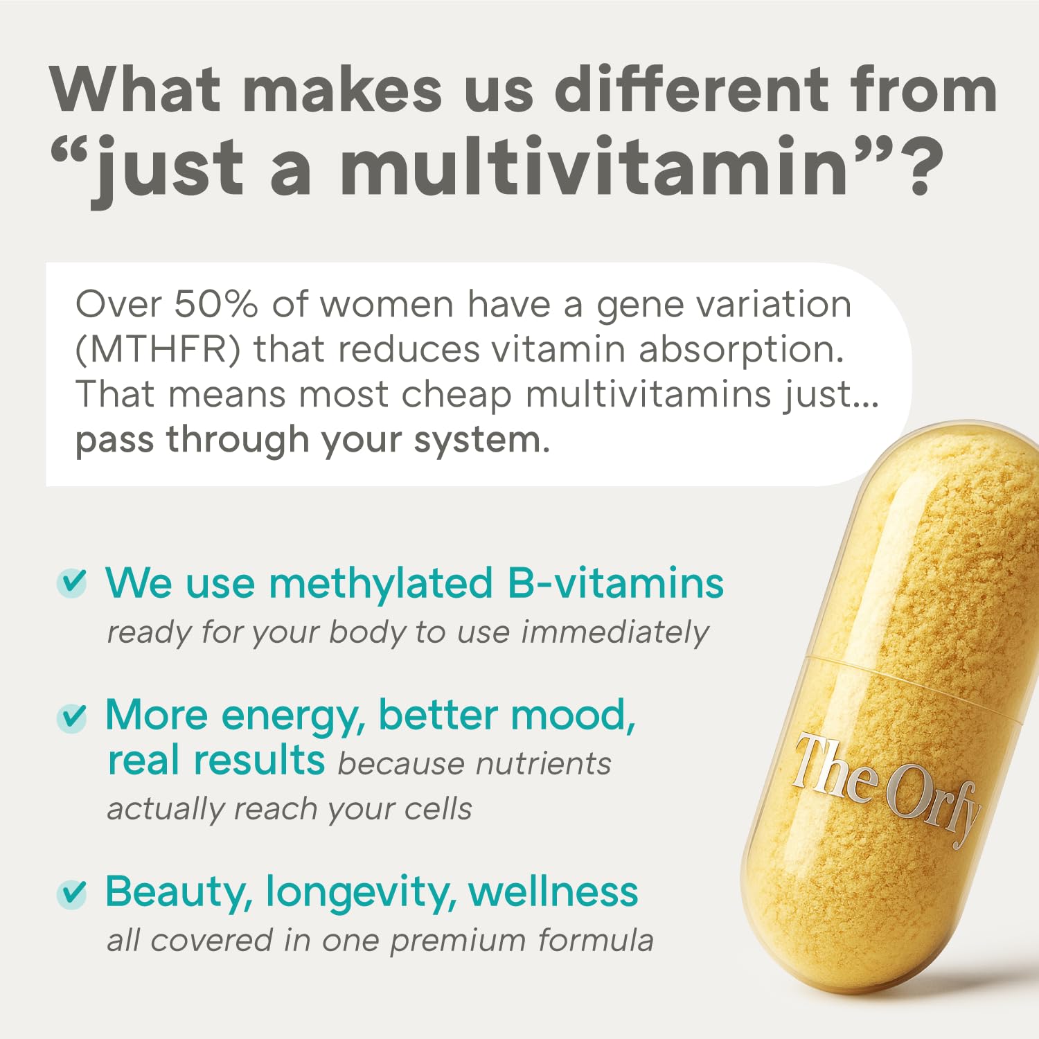 THE ORFY Advanced Women's Daily Multivitamins capsules on a wooden surface