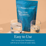 The 'Pause Life Fiber GDX unflavored powder on a kitchen counter