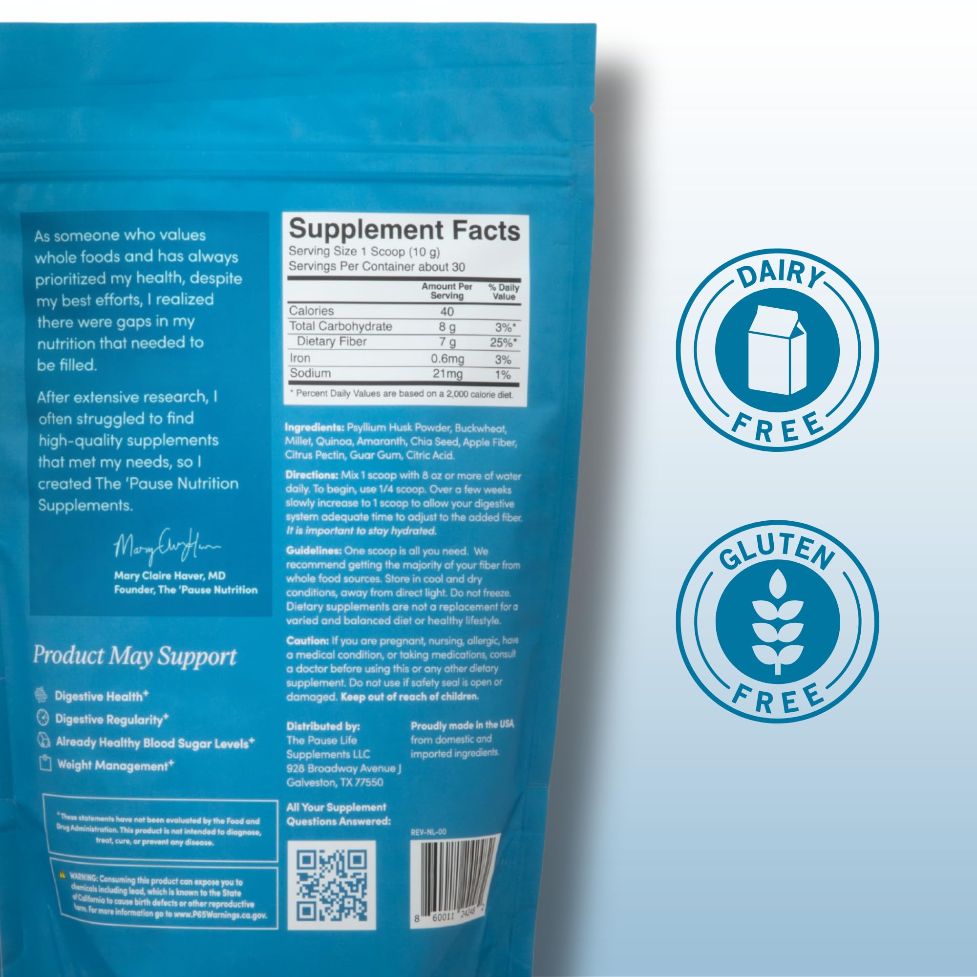 The 'Pause Life Fiber GDX unflavored powder scoop with chia seeds