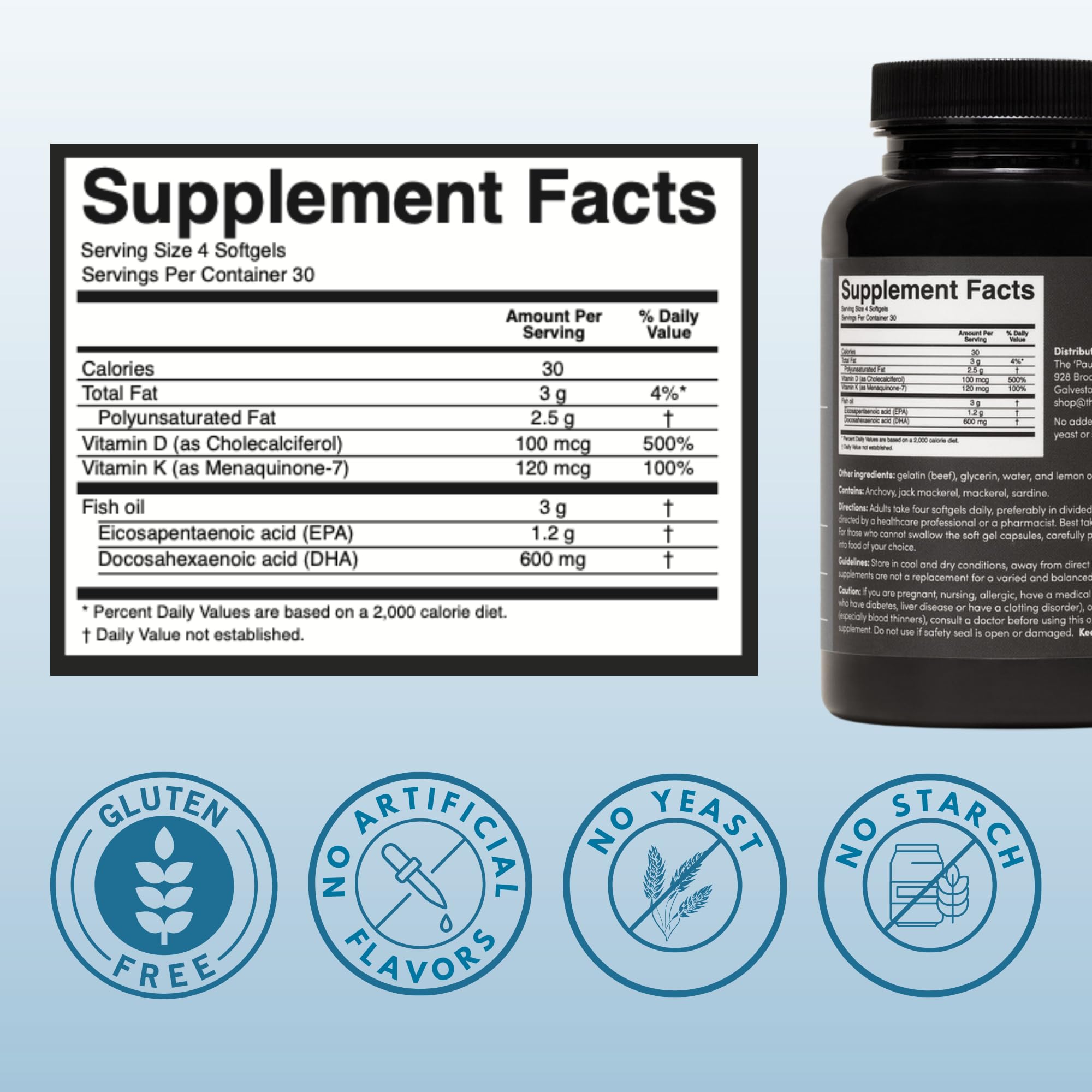 The 'Pause Life Omega-3 with Vitamins D & K softgel bottle side view