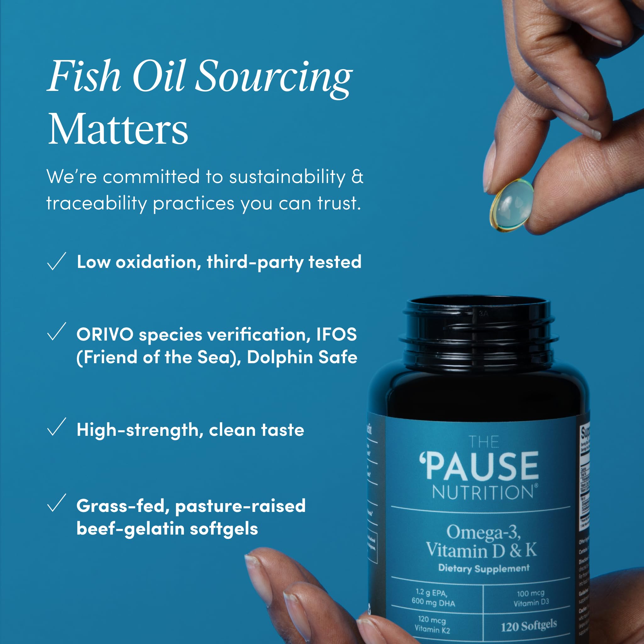The 'Pause Life Omega-3 with Vitamins D & K softgel close-up