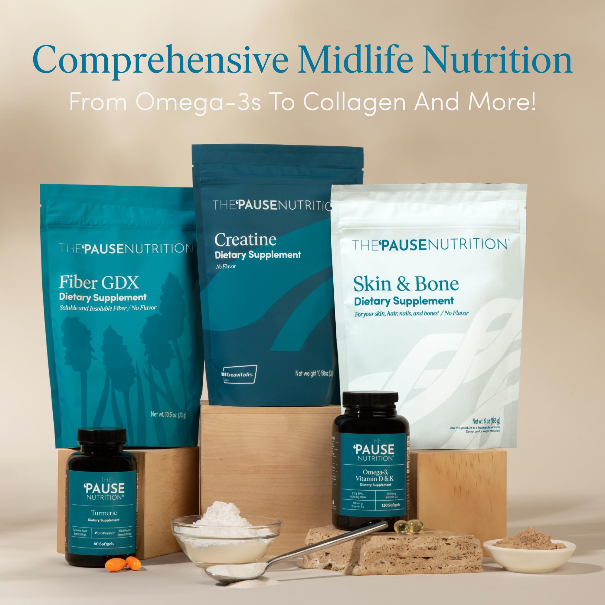 The 'Pause Life Omega-3 with Vitamins D & K softgels in a hand