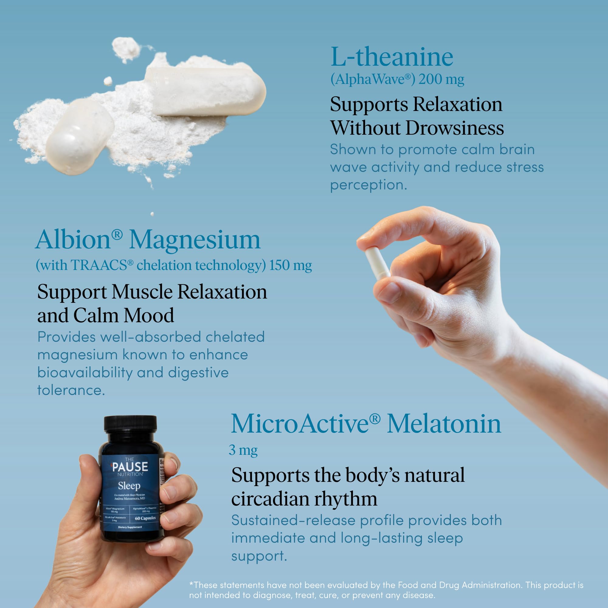 The 'Pause Life Sleep supplement bottle with a measuring spoon