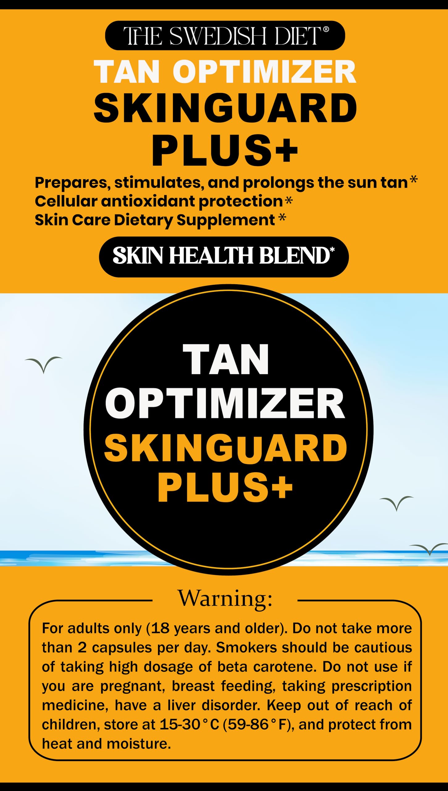 The Swedish Diet Tan Optimizer SkinGuard Plus+ packaging and capsules